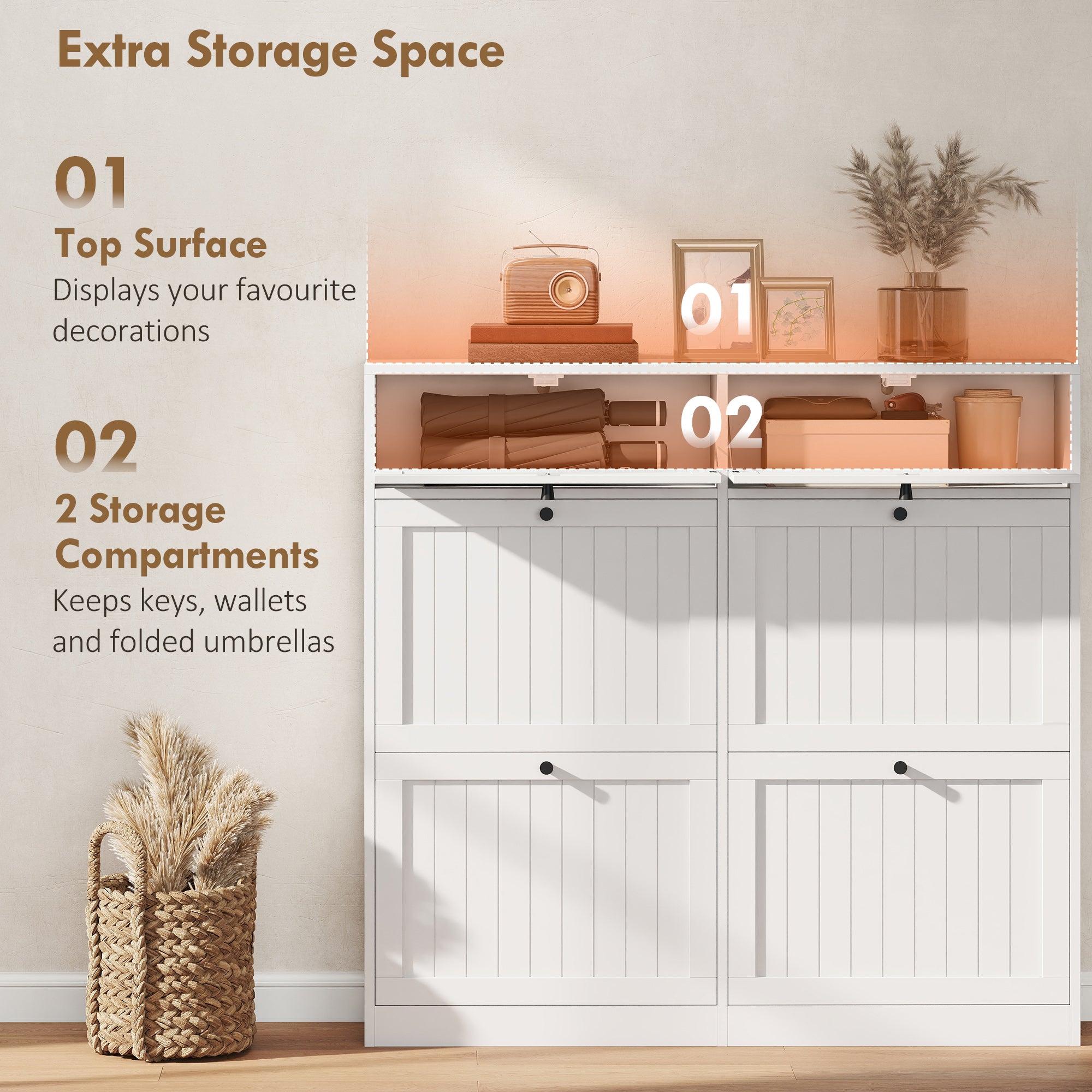 Farmhouse Narrow Shoe Cabinet with 2 Flip Drawers - White-DECOROLALA