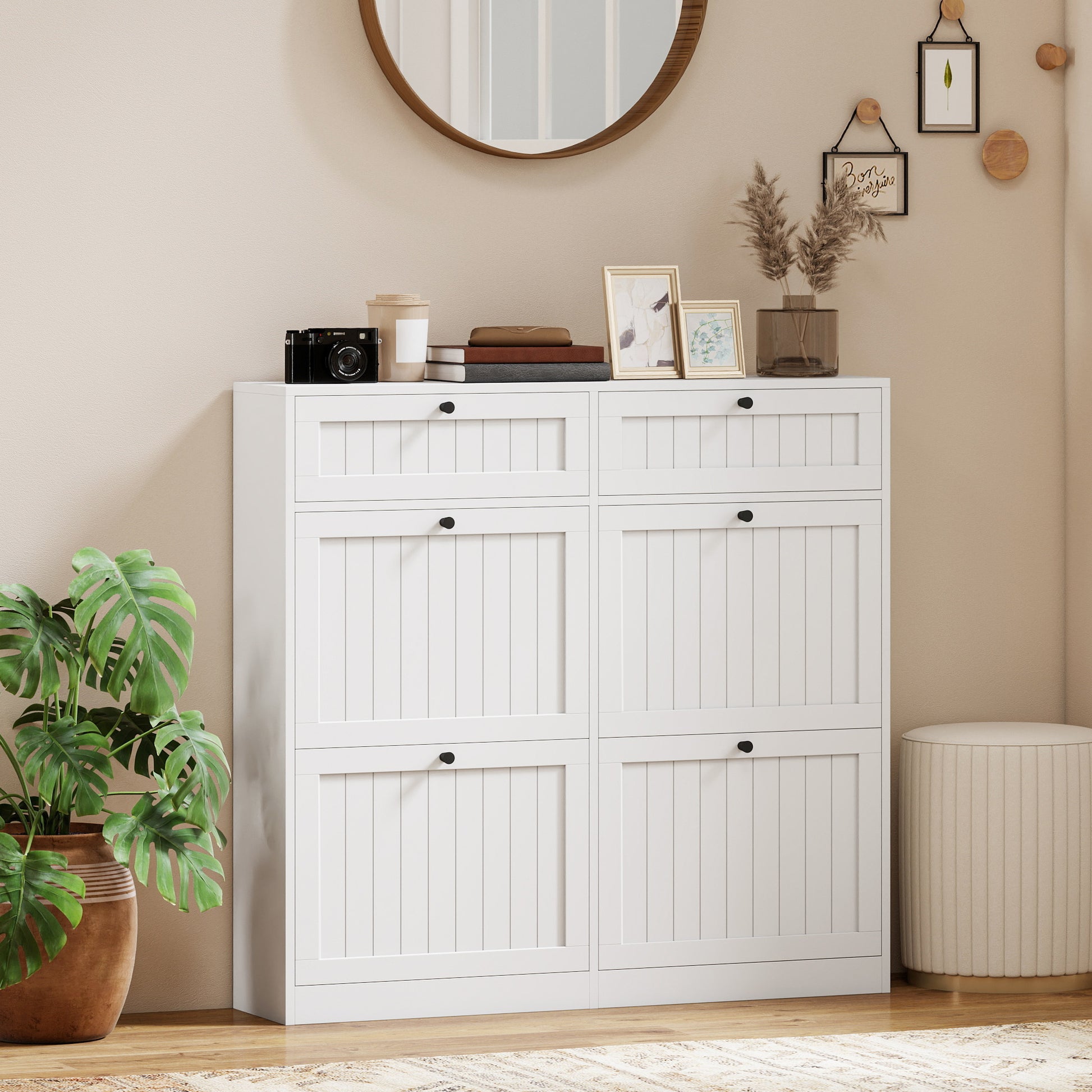 Farmhouse Narrow Shoe Cabinet with 2 Flip Drawers - White-DECOROLALA