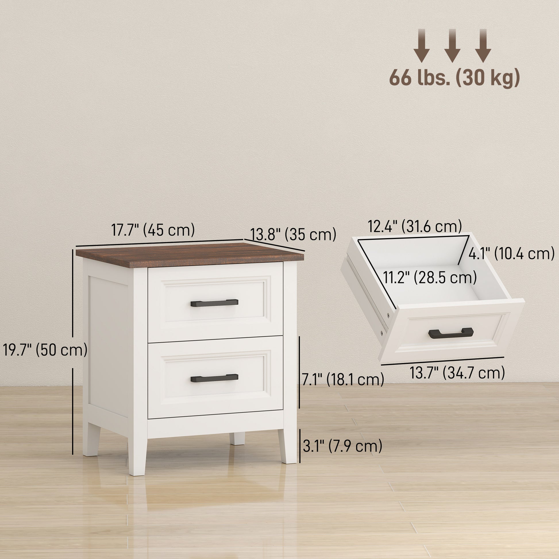 Farmhouse Nightstand Set of 2, Bedside Tables with 2 Drawers, Wood-Effect Top, White-Home Furnishings > Bedroom Furniture > Bedside Tables-DECOROLALA
