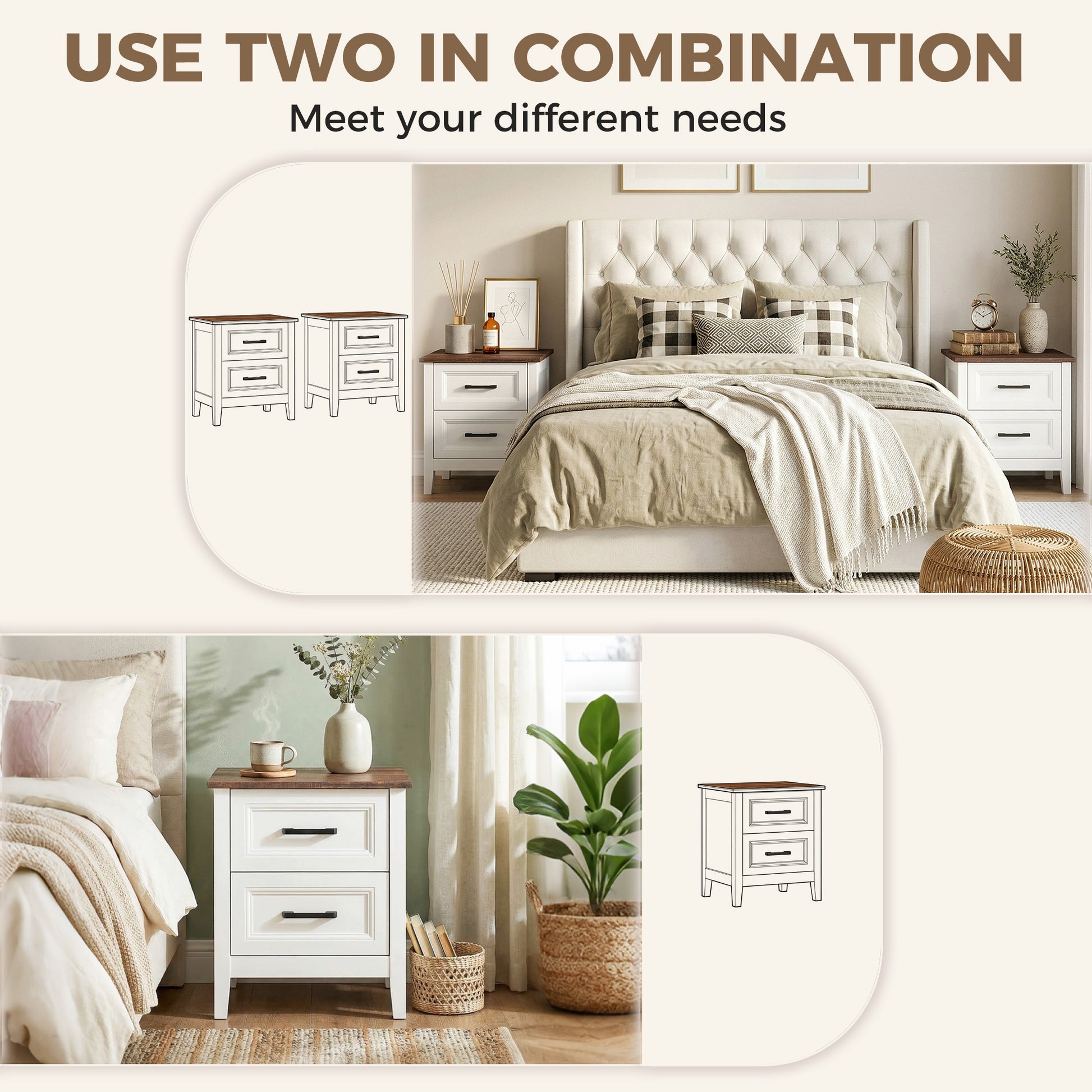 Farmhouse Nightstand Set of 2, Bedside Tables with 2 Drawers, Wood-Effect Top, White-Home Furnishings > Bedroom Furniture > Bedside Tables-DECOROLALA