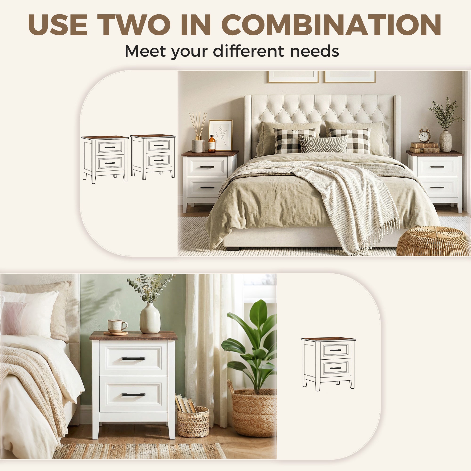 Farmhouse Nightstand Set of 2, Bedside Tables with 2 Drawers, Wood-Effect Top, White-Home Furnishings > Bedroom Furniture > Bedside Tables-DECOROLALA