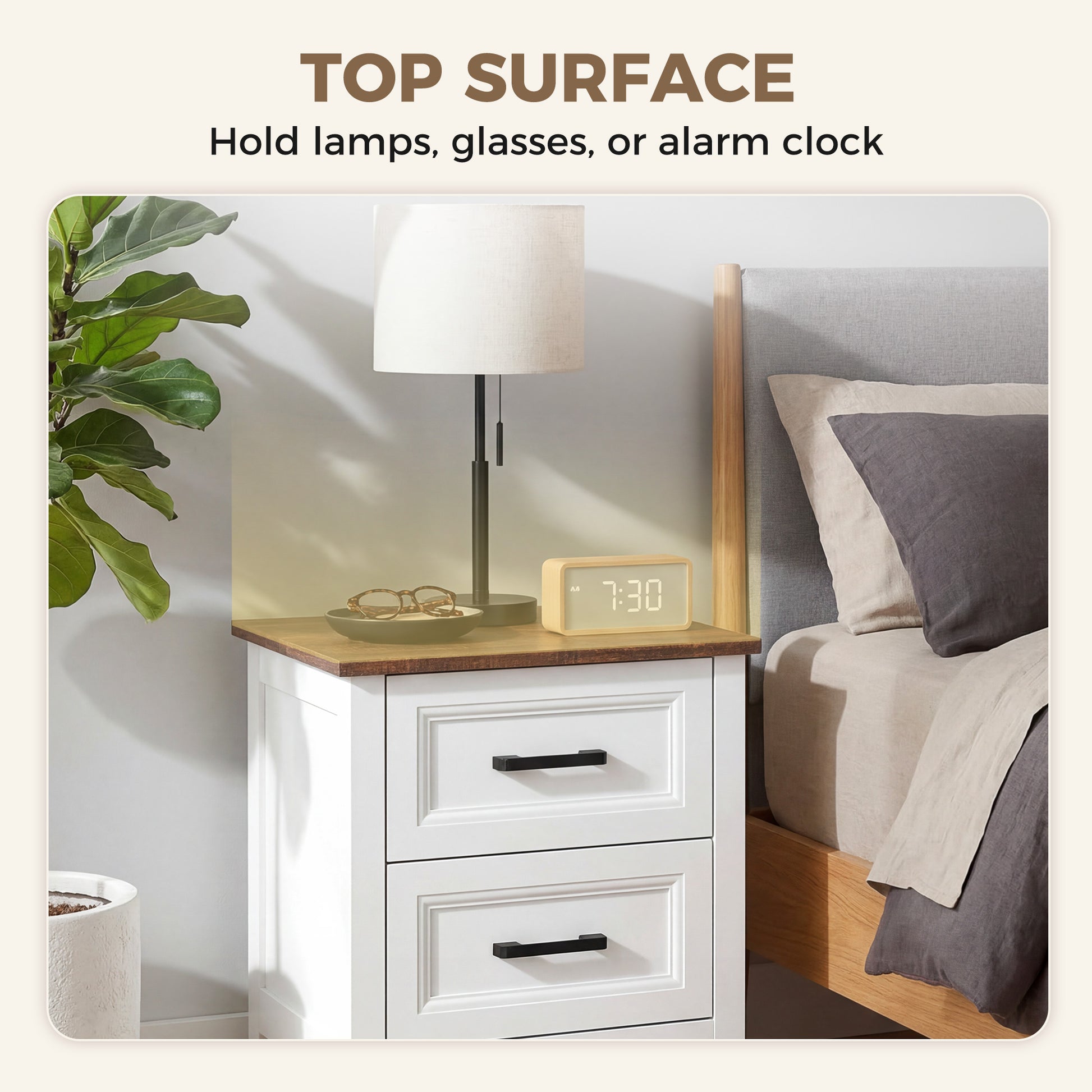 Farmhouse Nightstand Set of 2, Bedside Tables with 2 Drawers, Wood-Effect Top, White-Home Furnishings > Bedroom Furniture > Bedside Tables-DECOROLALA