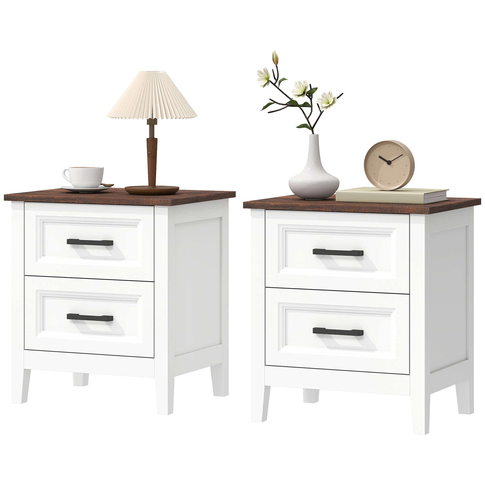 Farmhouse Nightstand Set of 2, Bedside Tables with 2 Drawers, Wood-Effect Top, White-Home Furnishings > Bedroom Furniture > Bedside Tables-DECOROLALA