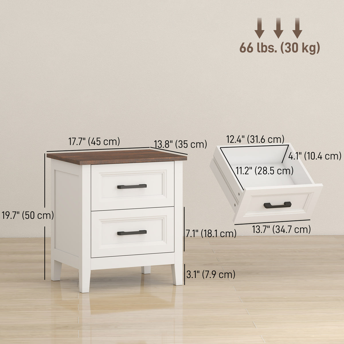 Farmhouse Nightstand Set of 2 - White with Wood-Effect Top-Home Furnishings > Bedroom Furniture > Bedside Tables-DECOROLALA