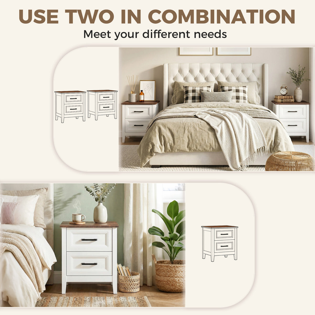 Farmhouse Nightstand Set of 2 - White with Wood-Effect Top-Home Furnishings > Bedroom Furniture > Bedside Tables-DECOROLALA