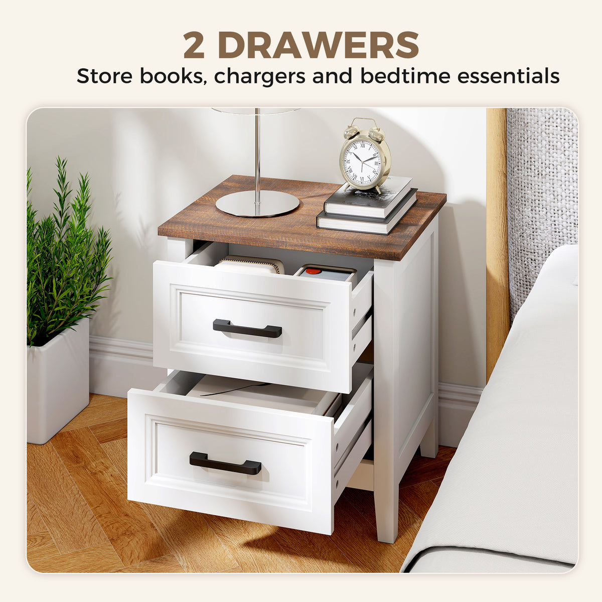 Farmhouse Nightstand Set of 2 - White with Wood-Effect Top-Home Furnishings > Bedroom Furniture > Bedside Tables-DECOROLALA