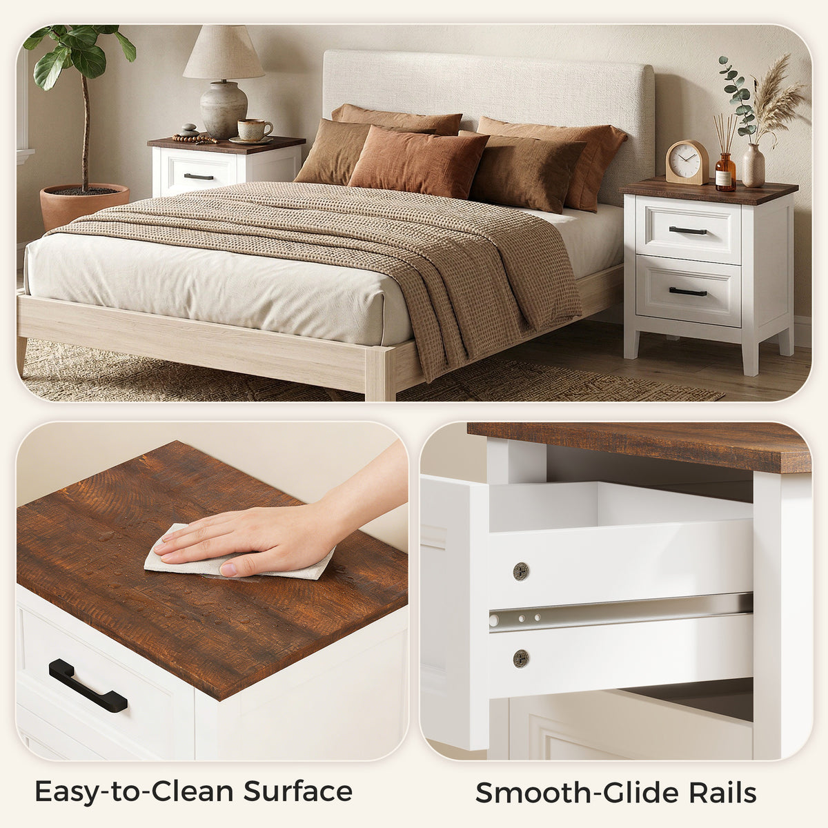 Farmhouse Nightstand Set of 2 - White with Wood-Effect Top-Home Furnishings > Bedroom Furniture > Bedside Tables-DECOROLALA