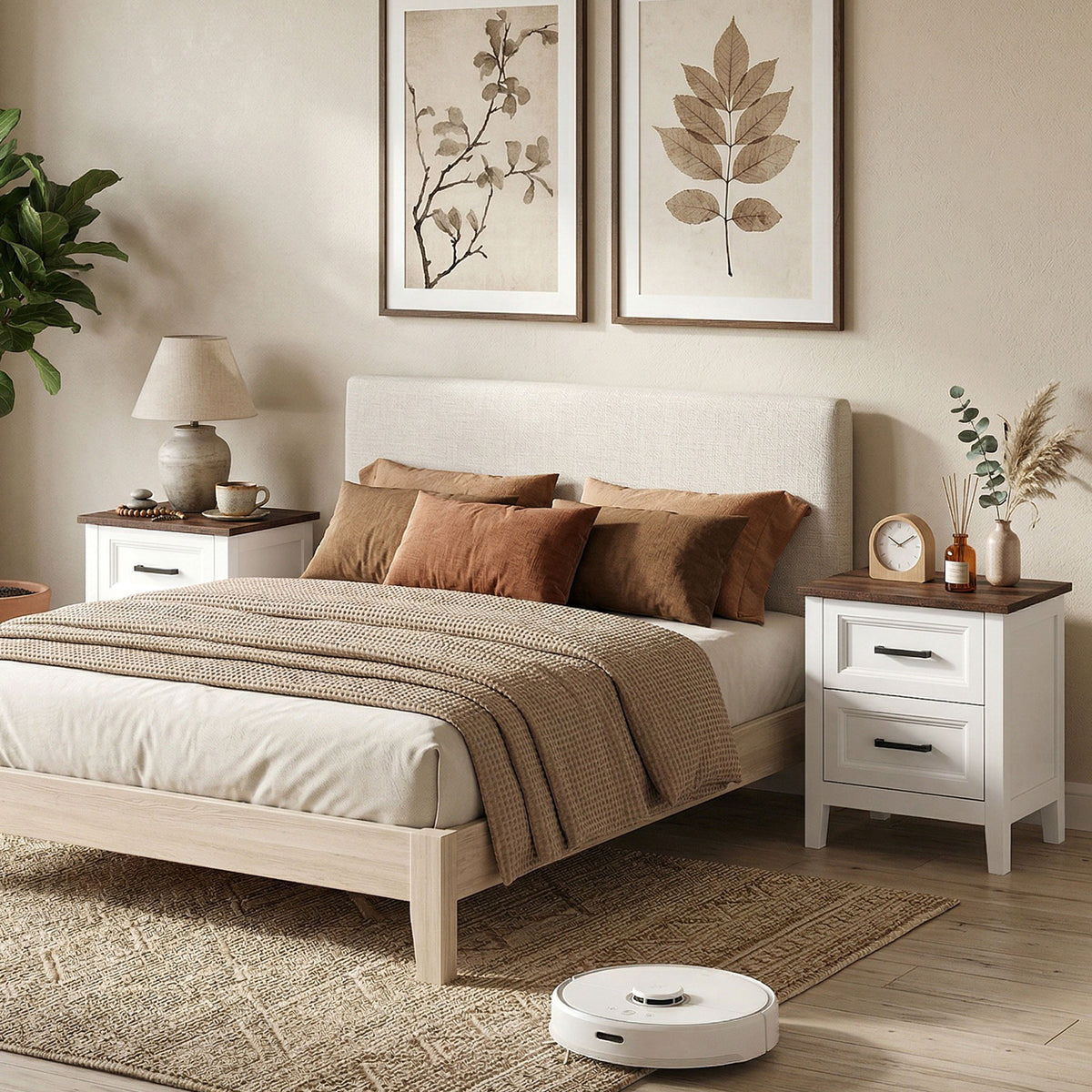 Farmhouse Nightstand Set of 2 - White with Wood-Effect Top-Home Furnishings > Bedroom Furniture > Bedside Tables-DECOROLALA