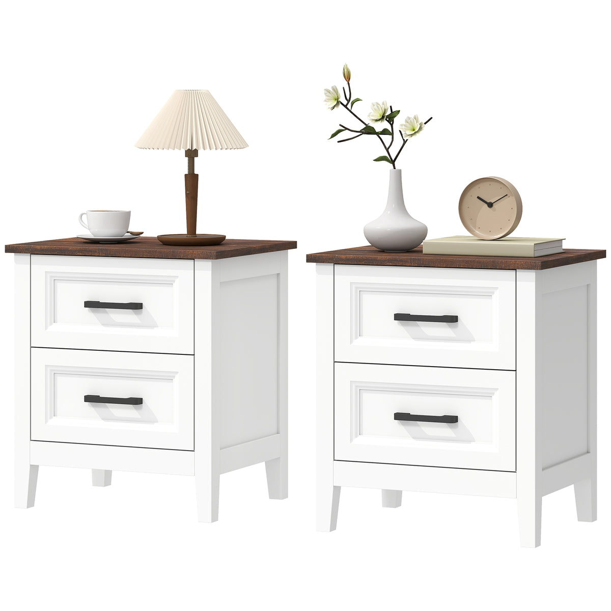 Farmhouse Nightstand Set of 2 - White with Wood-Effect Top-Home Furnishings > Bedroom Furniture > Bedside Tables-DECOROLALA