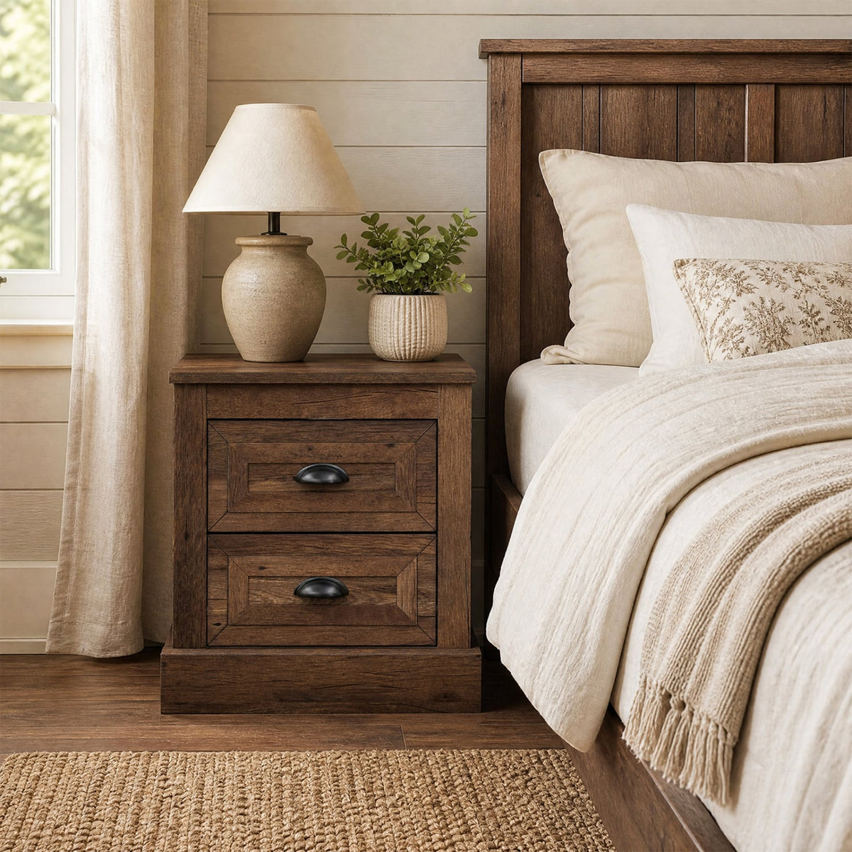 Farmhouse Nightstand with 2 Drawers & Storage for Living Room Bedroom-Brown-Nightstands-DECOROLALA