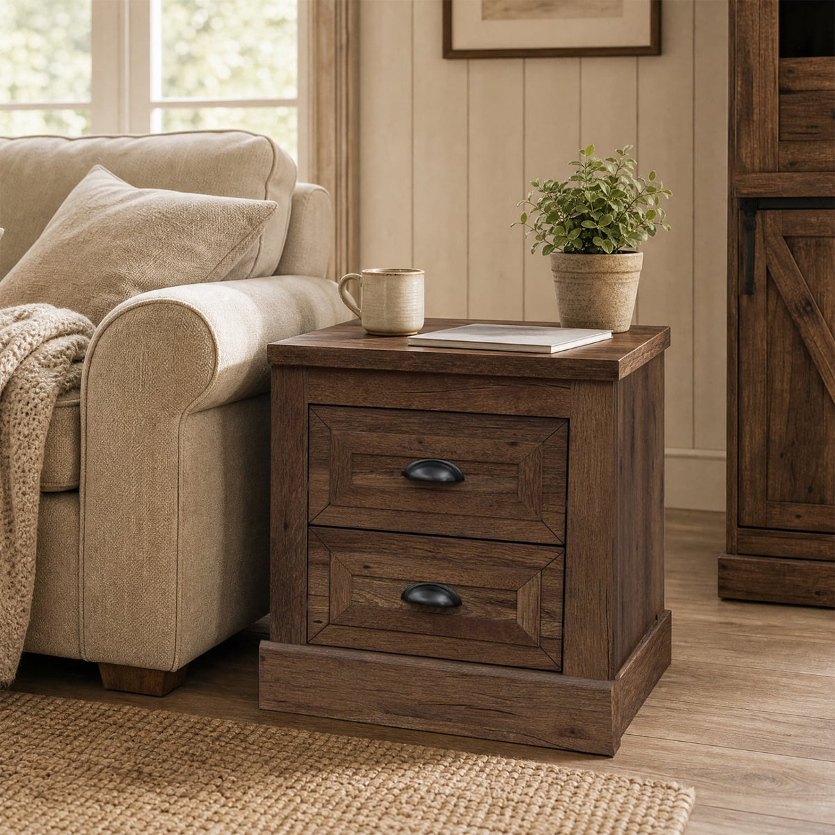 Farmhouse Nightstand with 2 Drawers & Storage for Living Room Bedroom-Brown-Nightstands-DECOROLALA