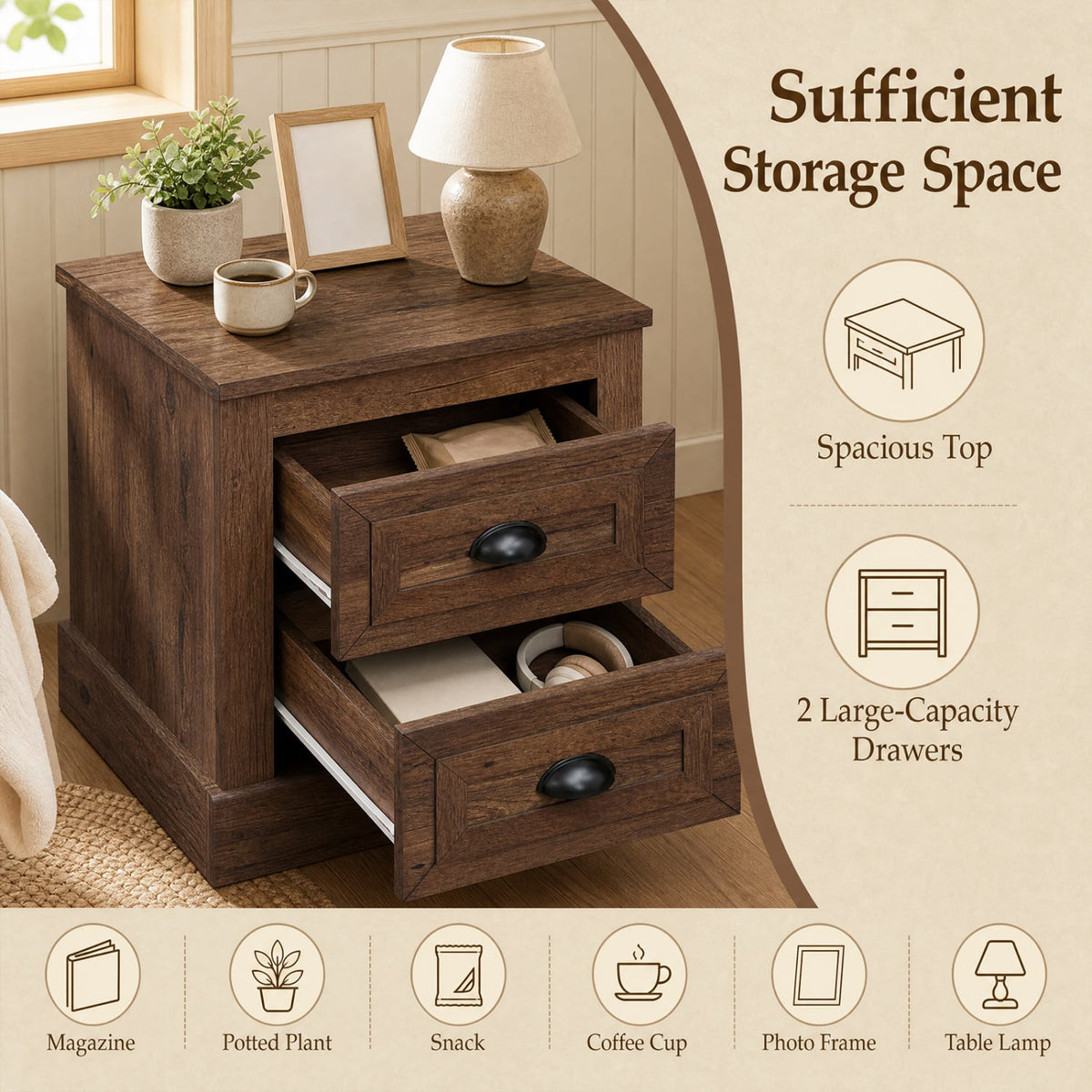 Farmhouse Nightstand with 2 Drawers & Storage for Living Room Bedroom-Brown-Nightstands-DECOROLALA