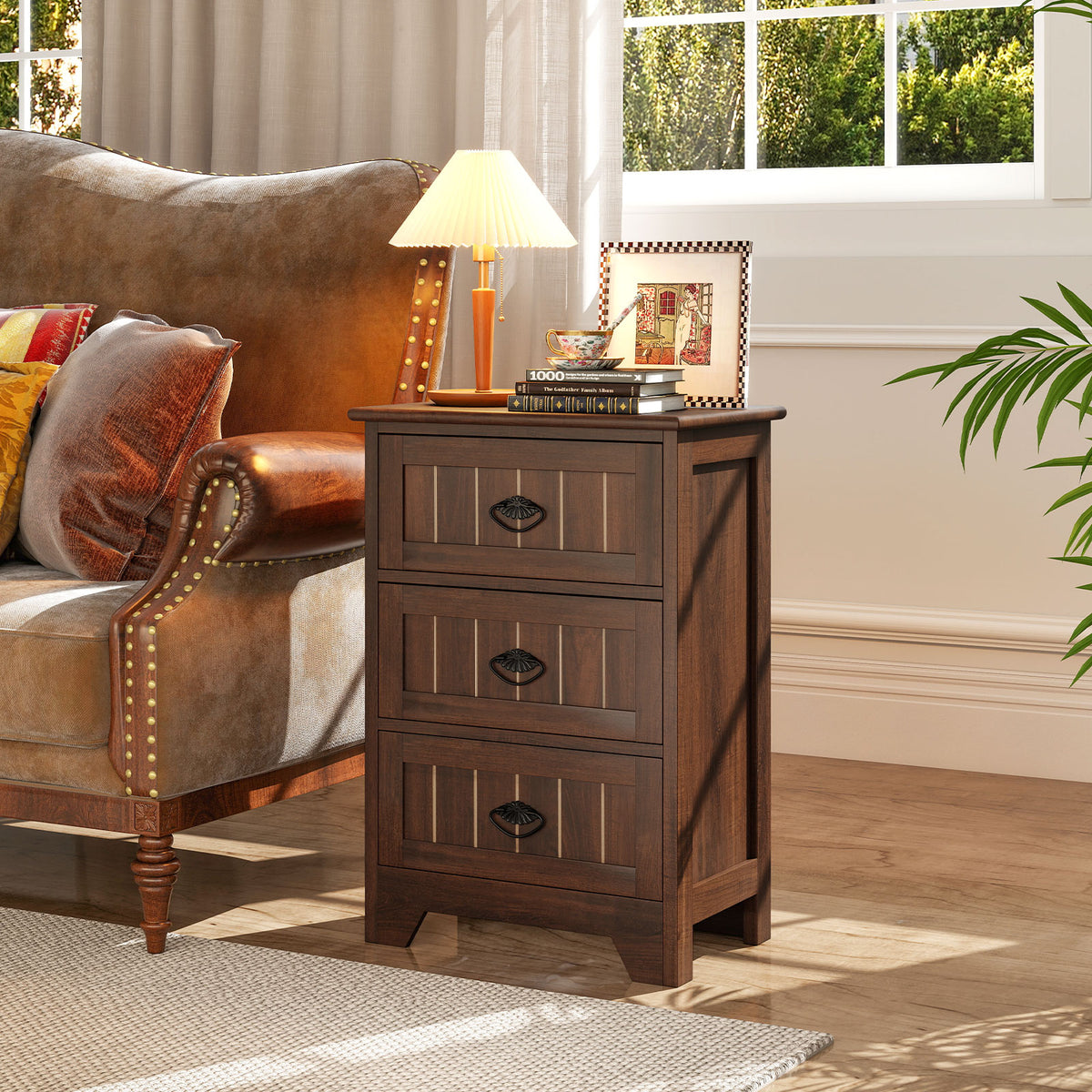 Farmhouse Nightstand with 3 Storage Drawers and Handles-Walnut-Nightstands-DECOROLALA