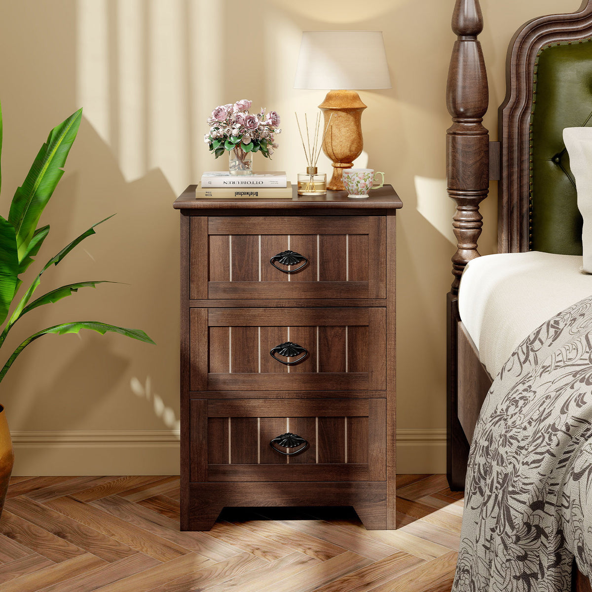 Farmhouse Nightstand with 3 Storage Drawers and Handles-Walnut-Nightstands-DECOROLALA