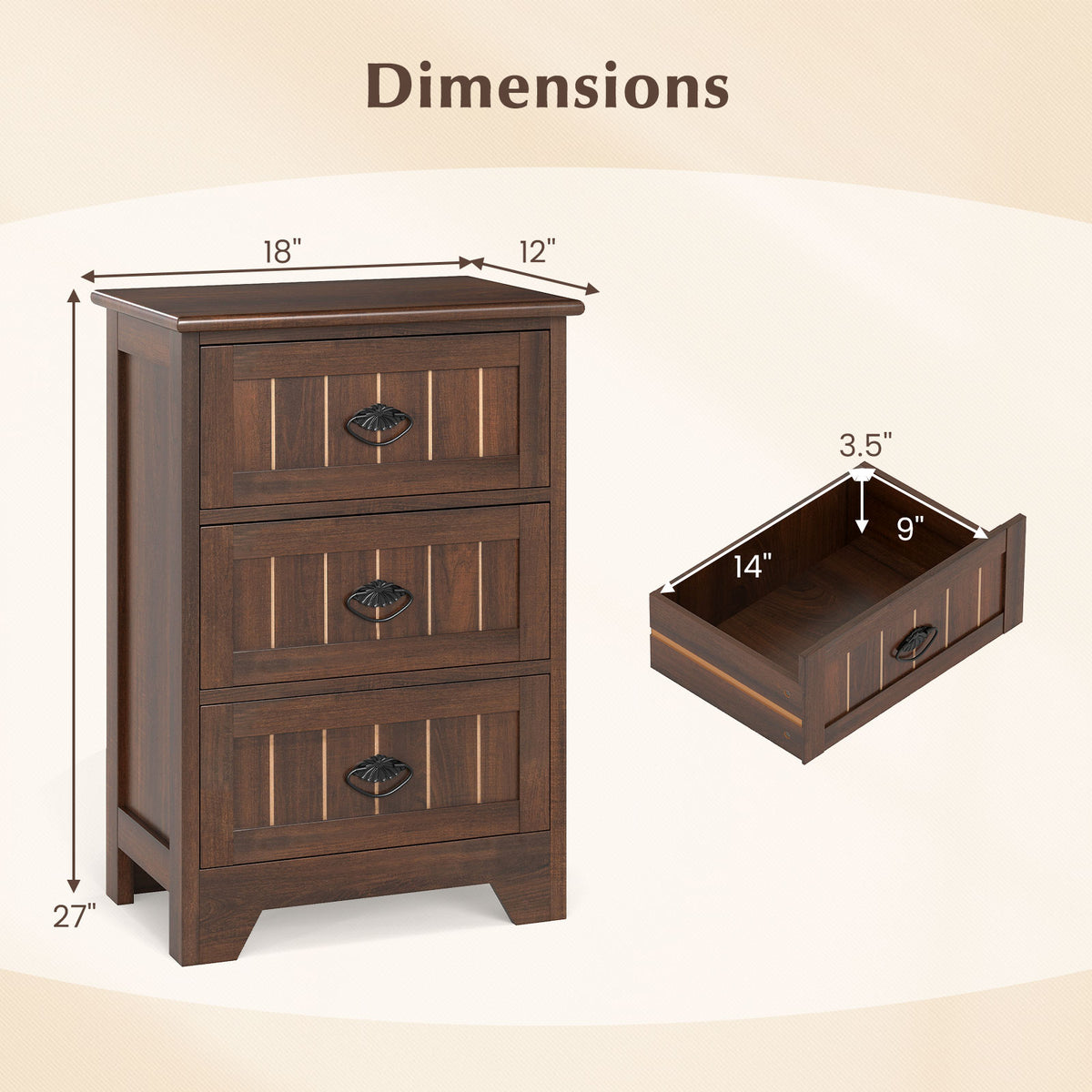 Farmhouse Nightstand with 3 Storage Drawers and Handles-Walnut-Nightstands-DECOROLALA