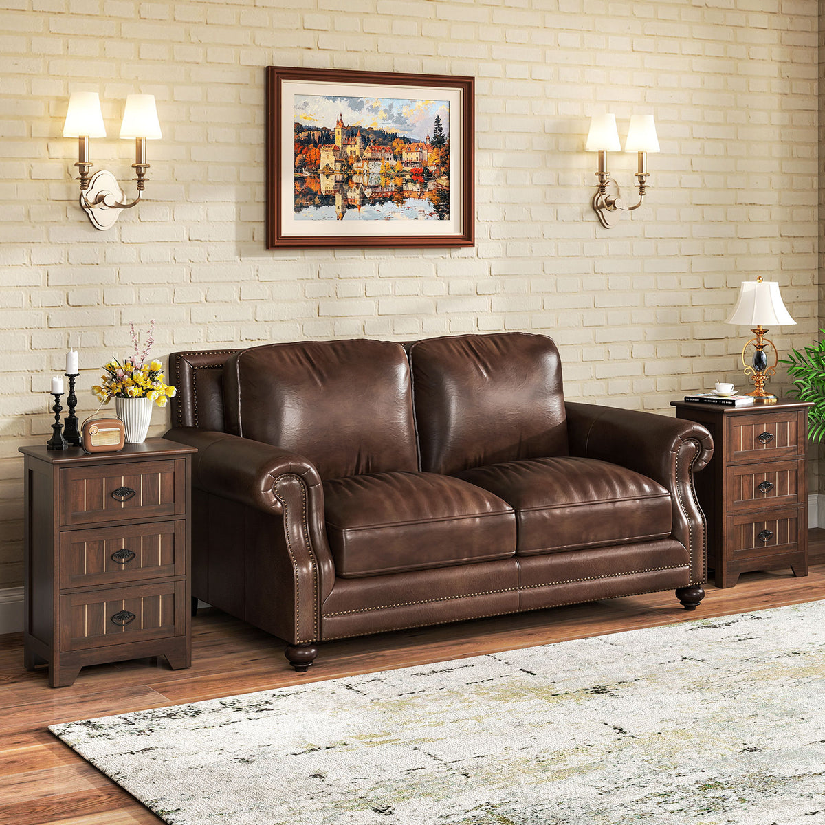 Farmhouse Nightstand with 3 Storage Drawers and Handles-Walnut-Nightstands-DECOROLALA