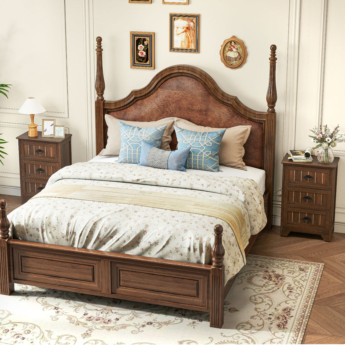 Farmhouse Nightstand with 3 Storage Drawers and Handles-Walnut-Nightstands-DECOROLALA