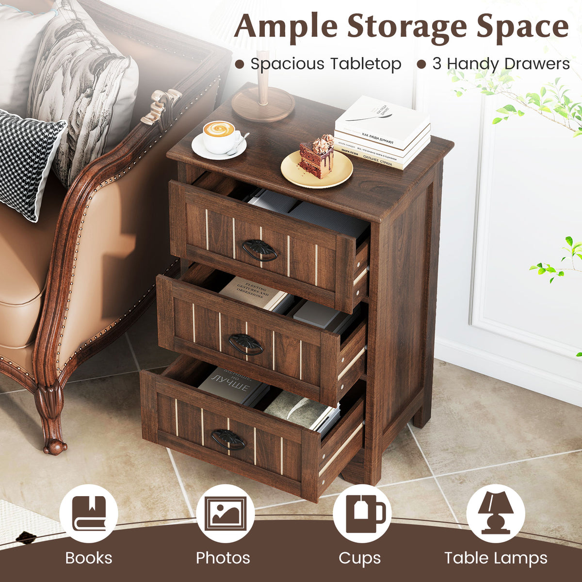 Farmhouse Nightstand with 3 Storage Drawers and Handles-Walnut-Nightstands-DECOROLALA
