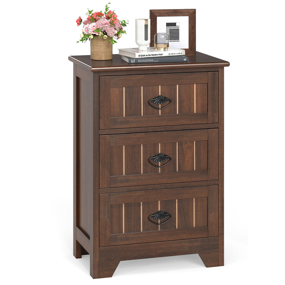 Farmhouse Nightstand with 3 Storage Drawers and Handles-Walnut-Nightstands-DECOROLALA