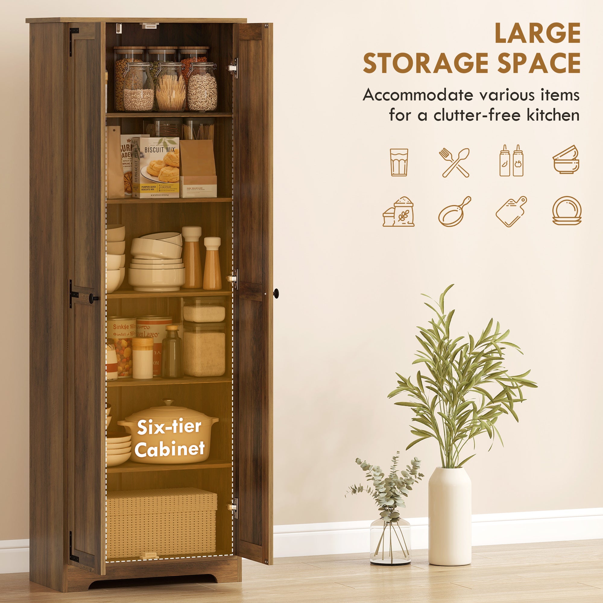 Farmhouse Pantry Cabinet 67" Brown 2-Door-DECOROLALA
