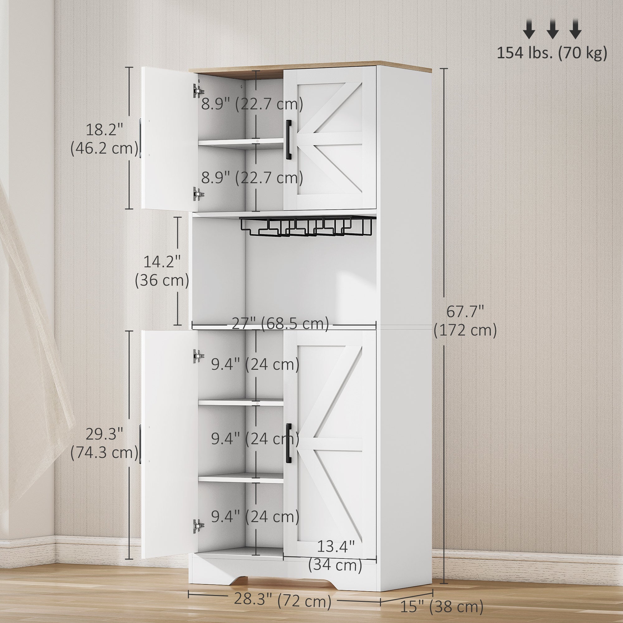Farmhouse Pantry Cabinet, 68" White Hutch with Microwave Countertop-DECOROLALA