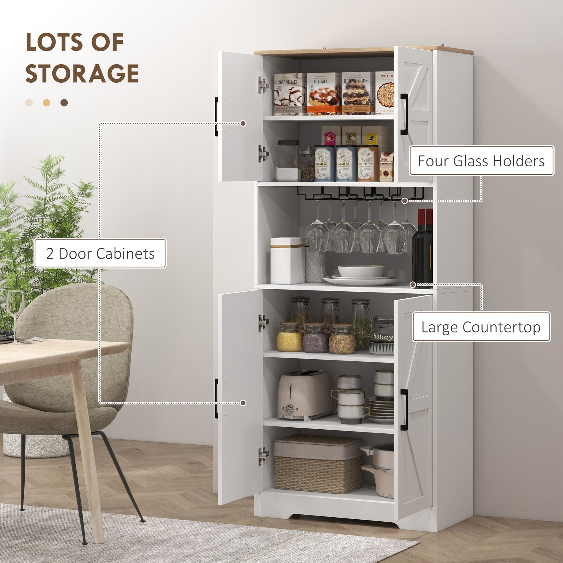 Farmhouse Pantry Cabinet, 68" White Hutch with Microwave Countertop-DECOROLALA