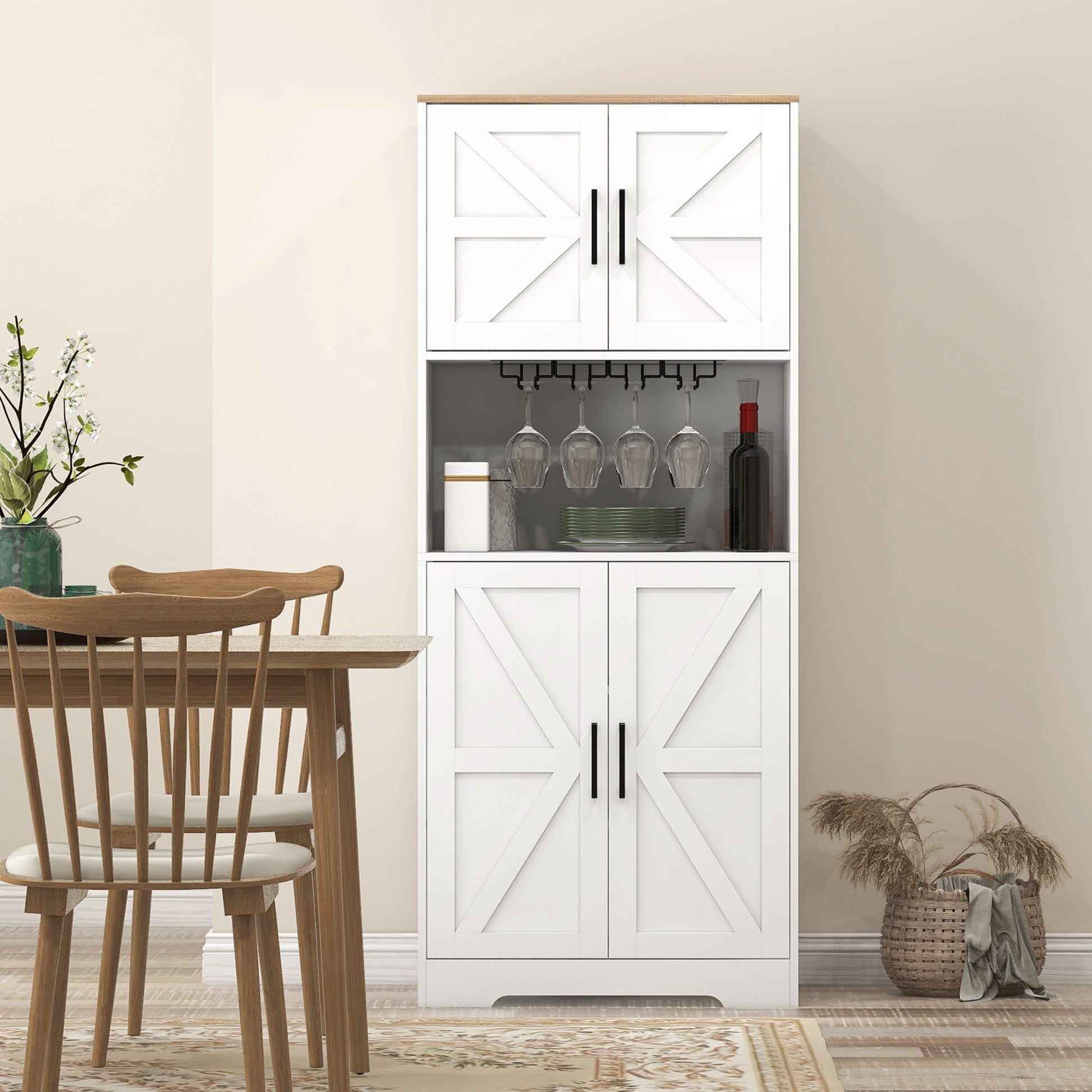 Farmhouse Pantry Cabinet, 68" White Hutch with Microwave Countertop-DECOROLALA
