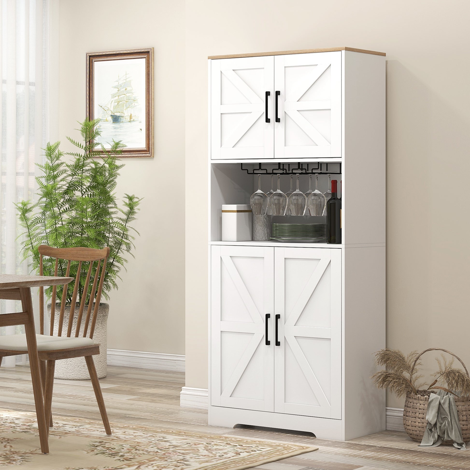 Farmhouse Pantry Cabinet, 68" White Hutch with Microwave Countertop-DECOROLALA
