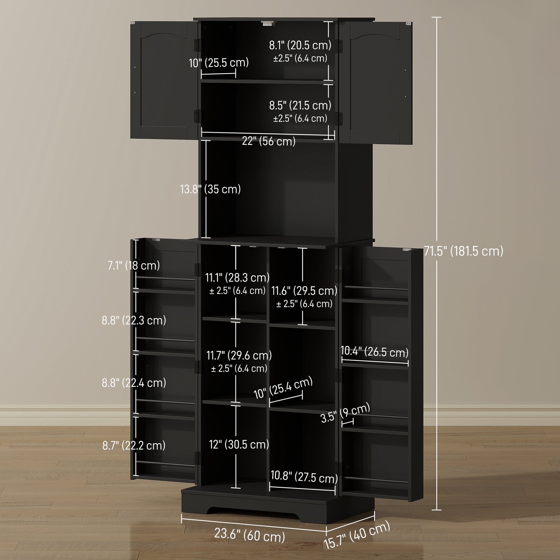 Farmhouse Pantry Cabinet 71.5" Black with 8 Spice Racks-DECOROLALA