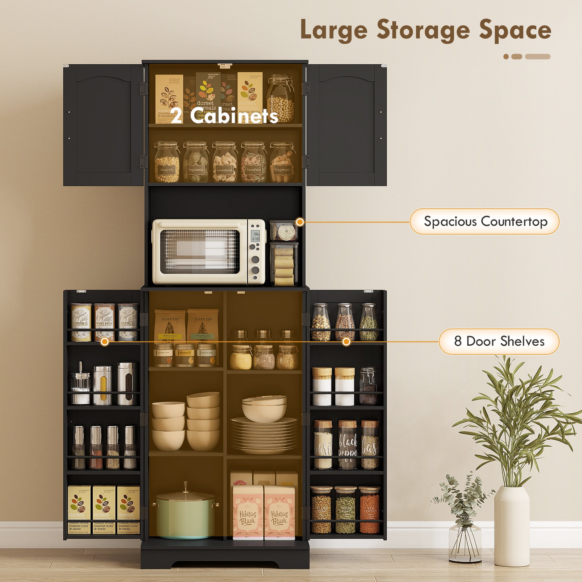 Farmhouse Pantry Cabinet 71.5" Black with 8 Spice Racks-DECOROLALA