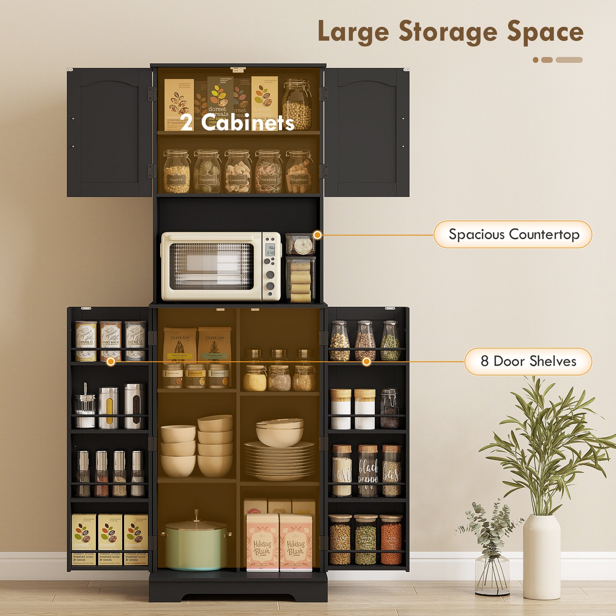Farmhouse Pantry Cabinet 71.5" Black with 8 Spice Racks-DECOROLALA