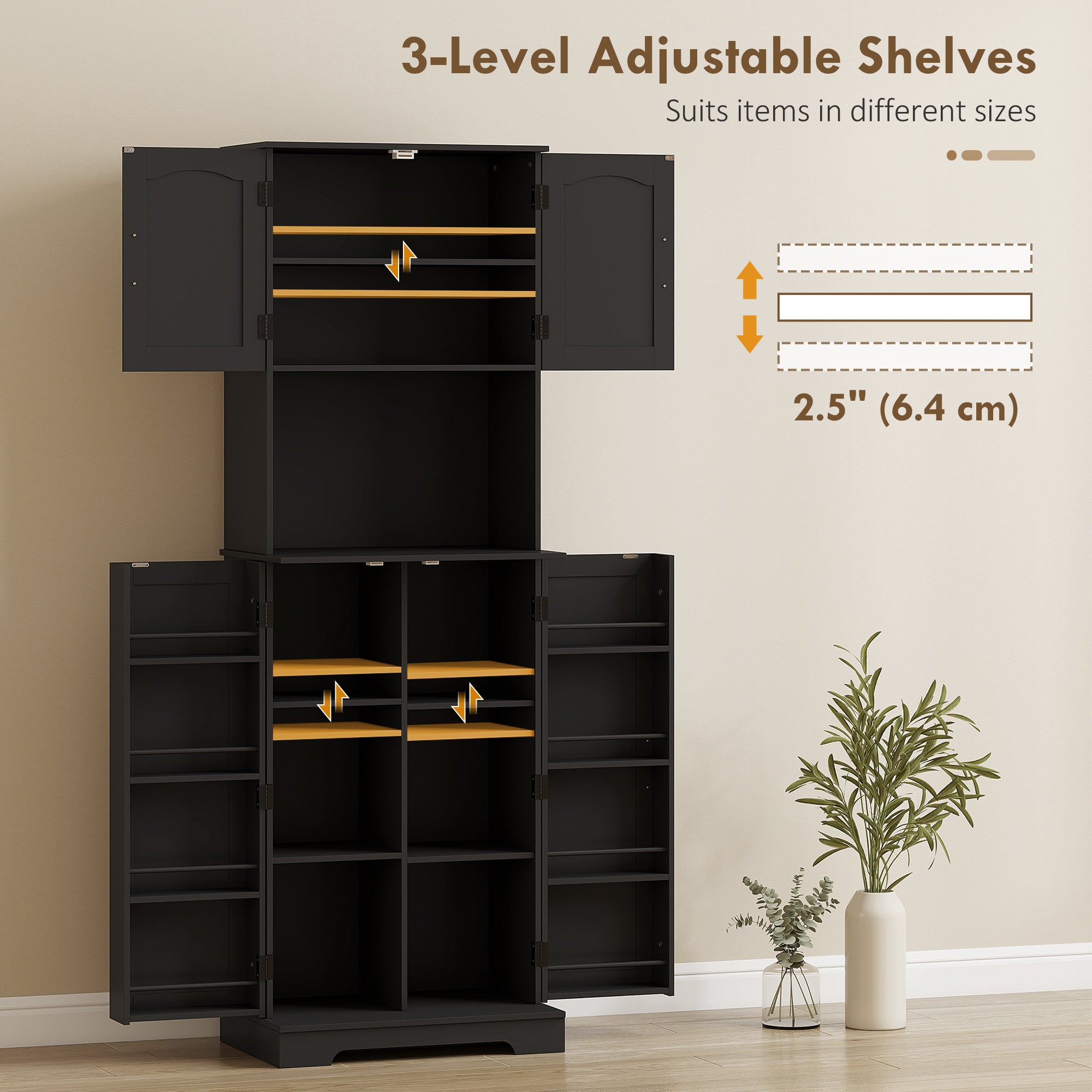 Farmhouse Pantry Cabinet 71.5" Black with 8 Spice Racks-DECOROLALA