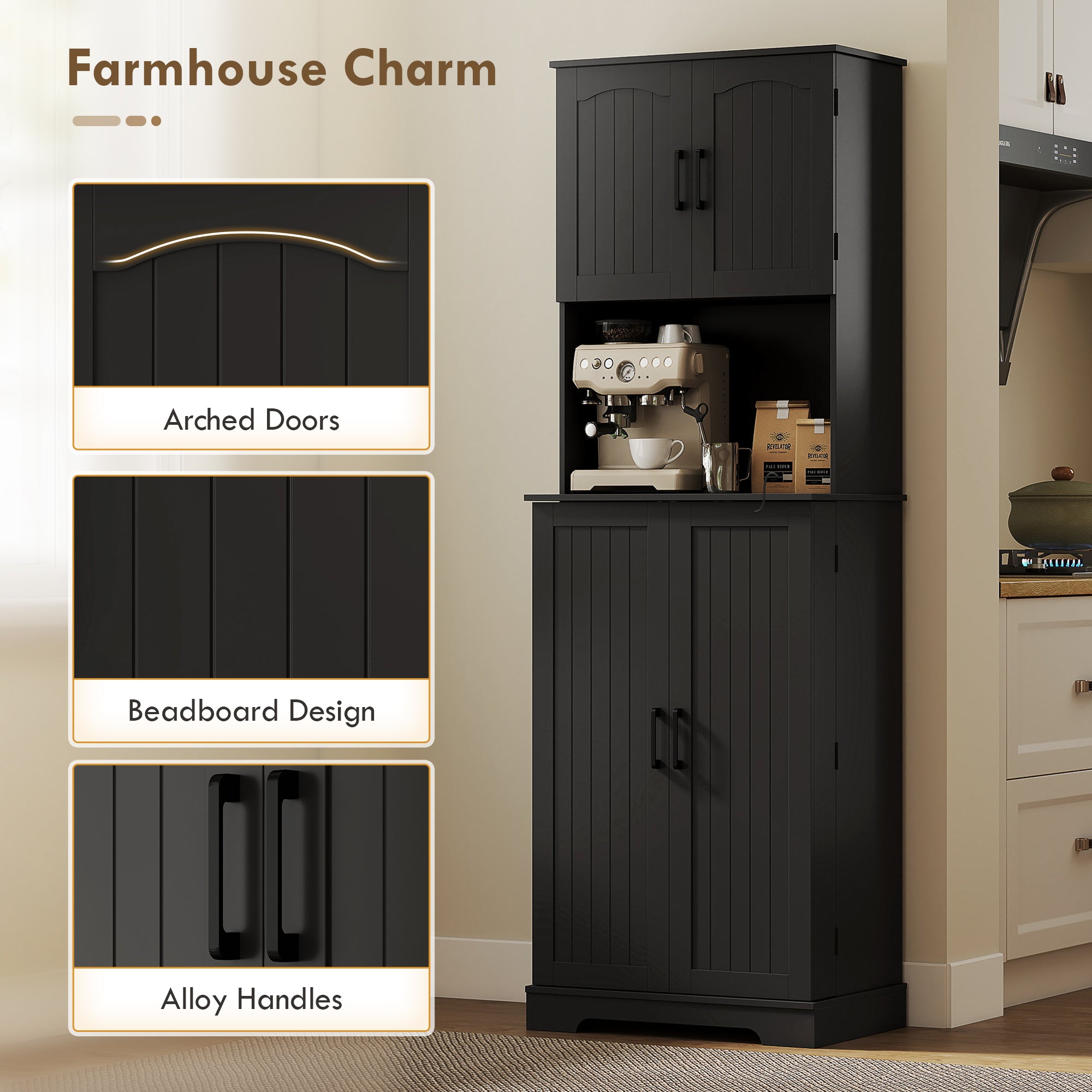 Farmhouse Pantry Cabinet 71.5" Black with 8 Spice Racks-DECOROLALA