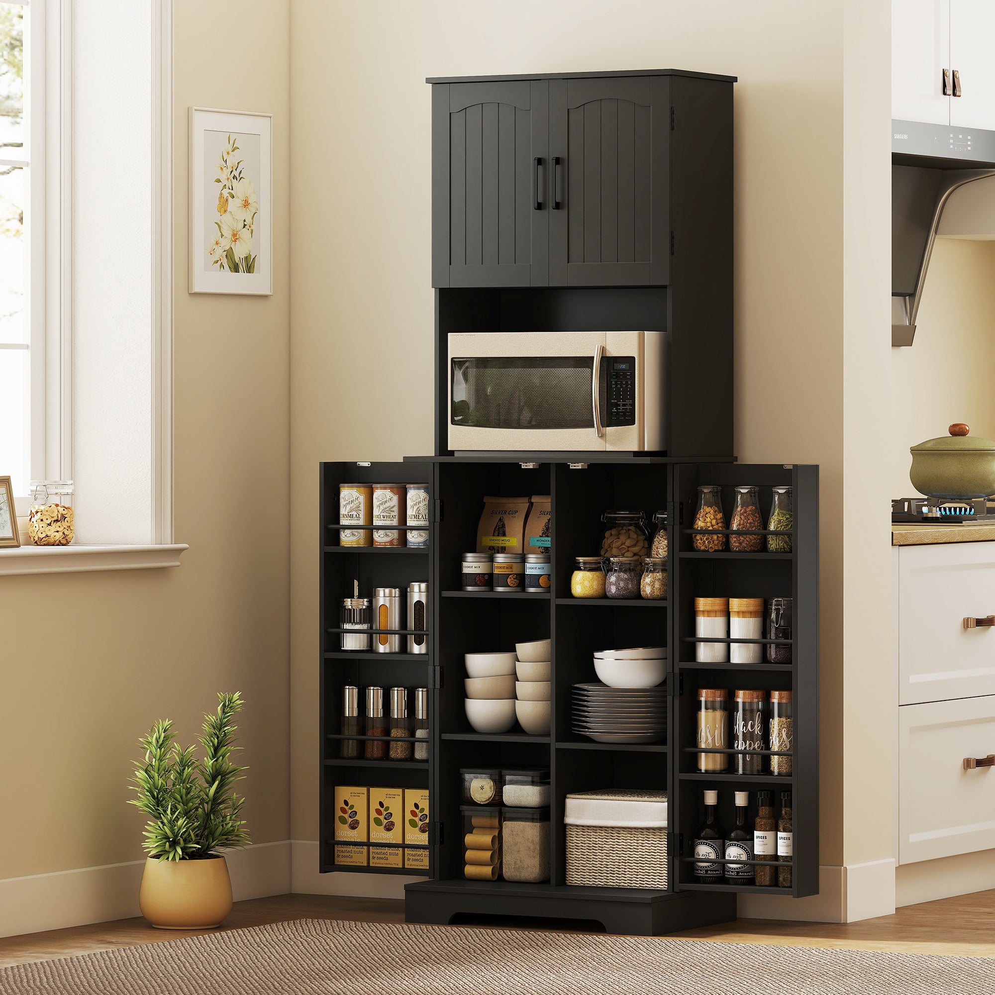 Farmhouse Pantry Cabinet 71.5" Black with 8 Spice Racks-DECOROLALA