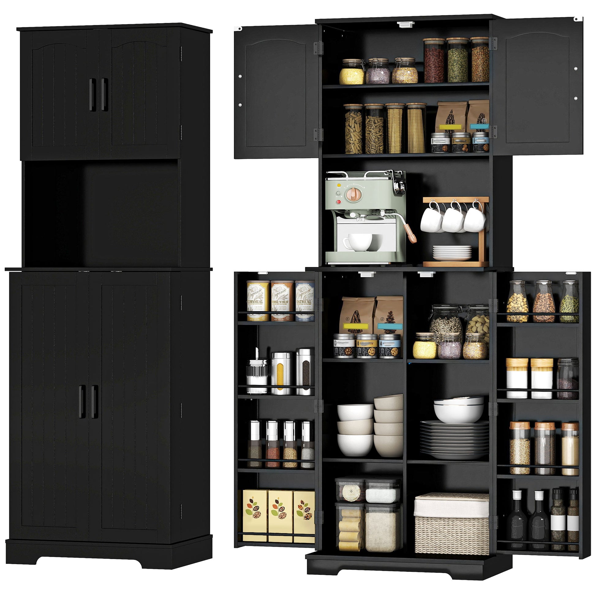 Farmhouse Pantry Cabinet 71.5" Black with 8 Spice Racks-DECOROLALA