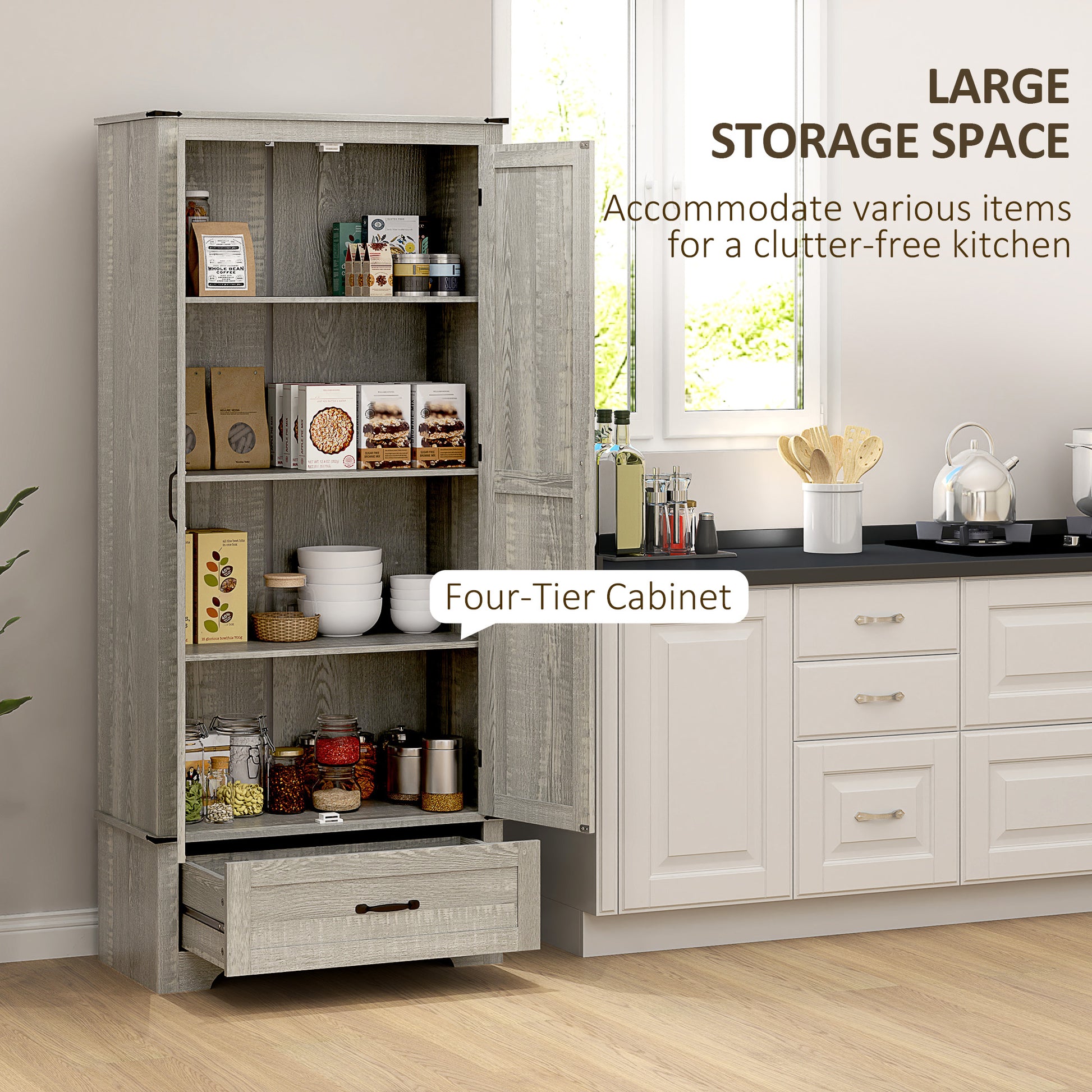 Farmhouse Pantry Cabinet 72" - Grey, Adjustable Shelves, 2 Doors-DECOROLALA