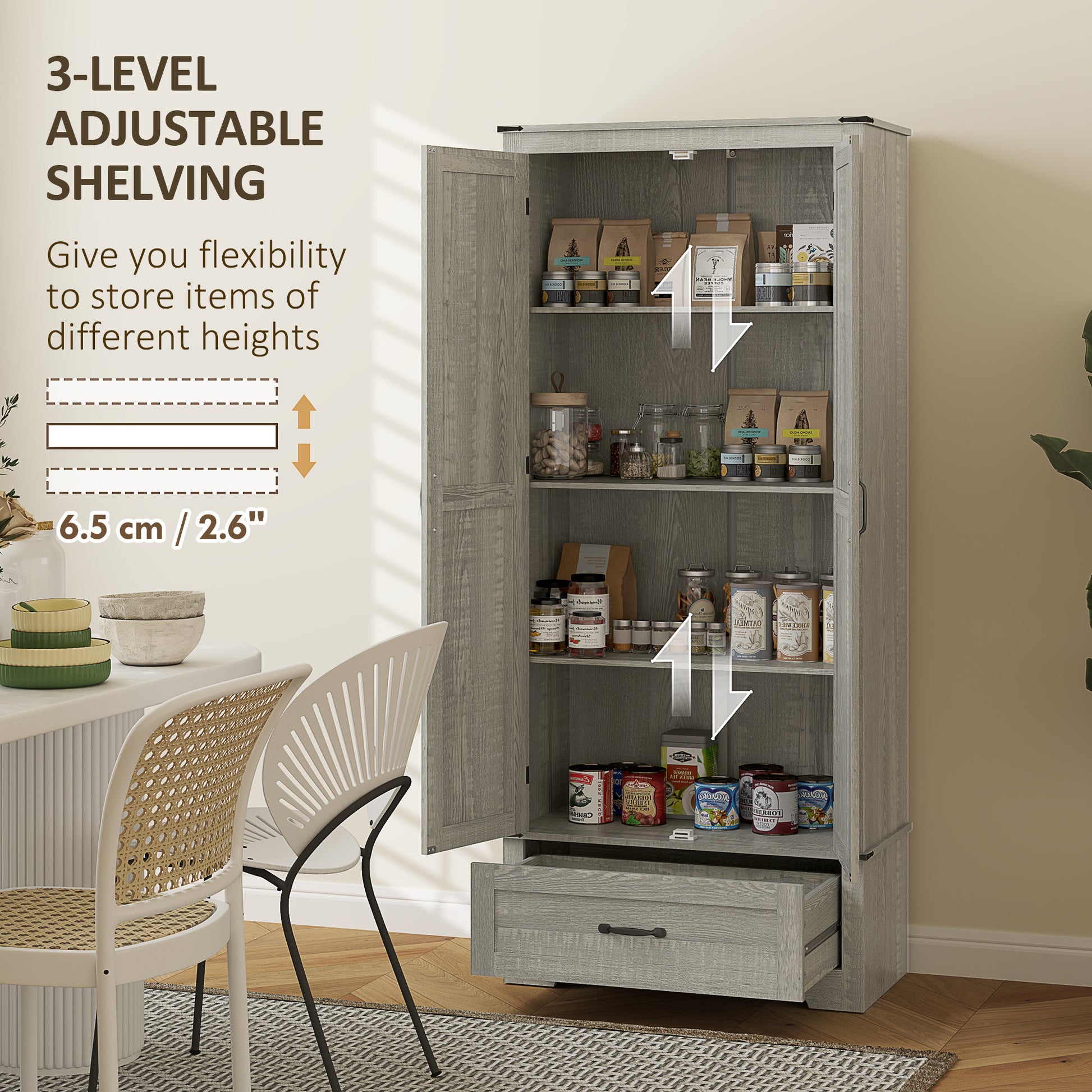 Farmhouse Pantry Cabinet 72" - Grey, Adjustable Shelves, 2 Doors-DECOROLALA