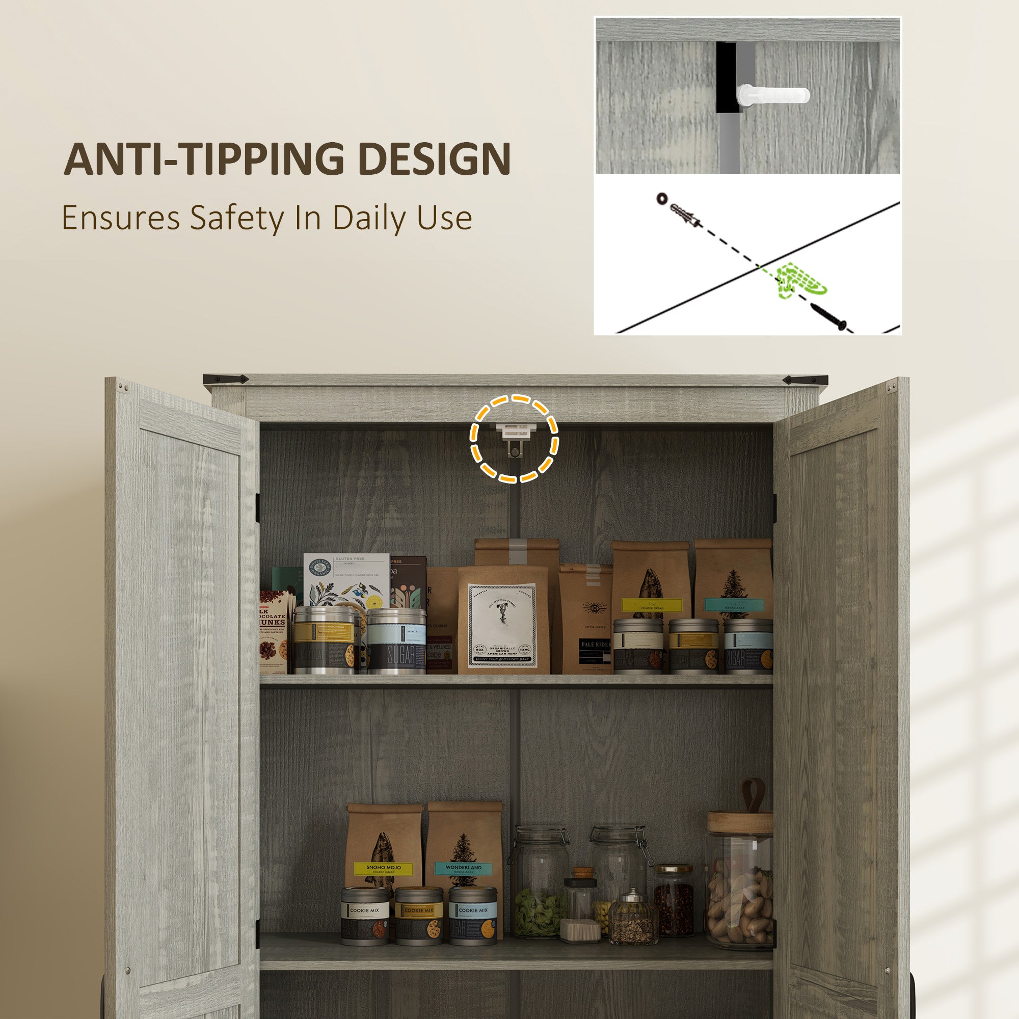 Farmhouse Pantry Cabinet 72" - Grey, Adjustable Shelves, 2 Doors-DECOROLALA