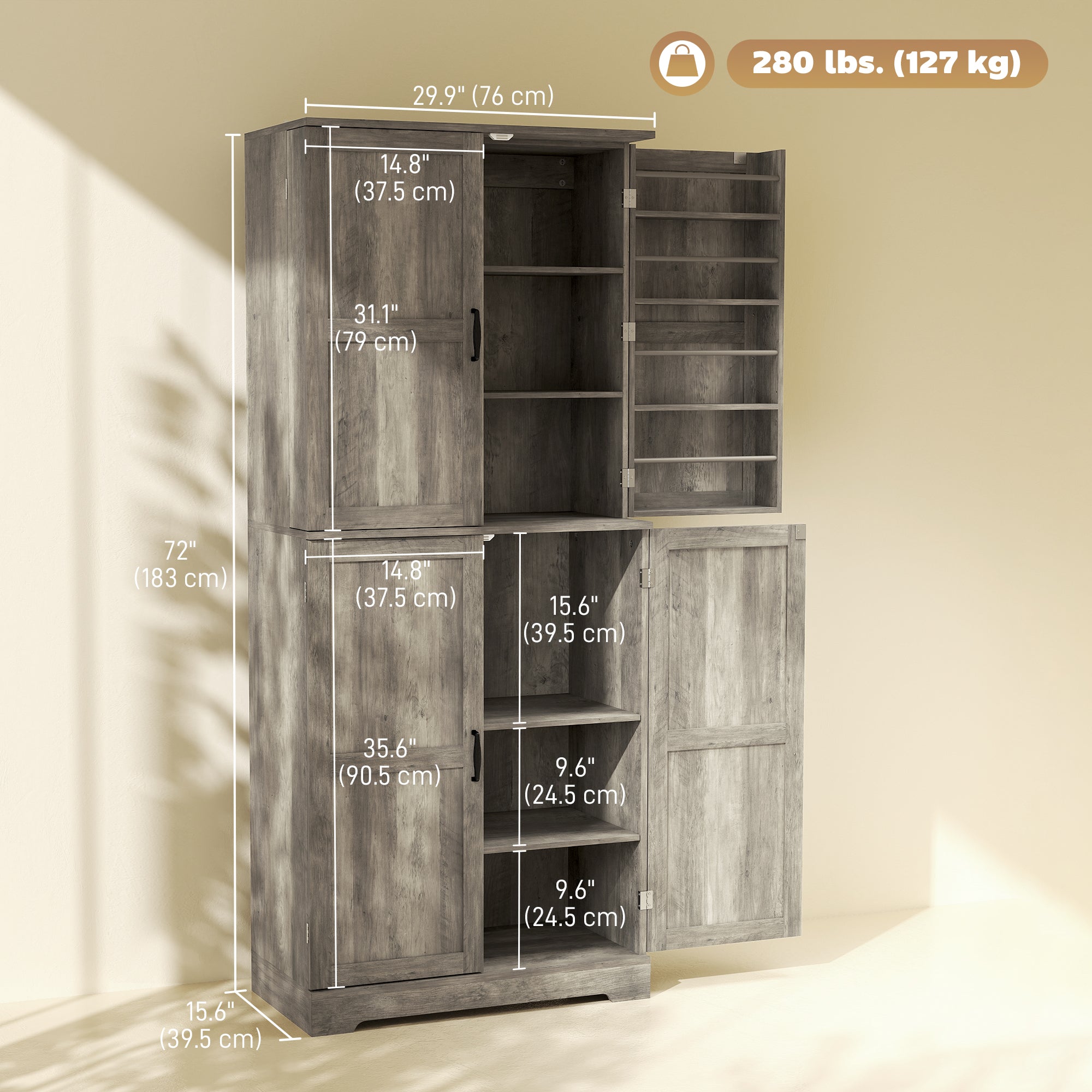 Farmhouse Pantry Cabinet, Barn Doors, Distressed Grey, Adjustable Shelves-DECOROLALA