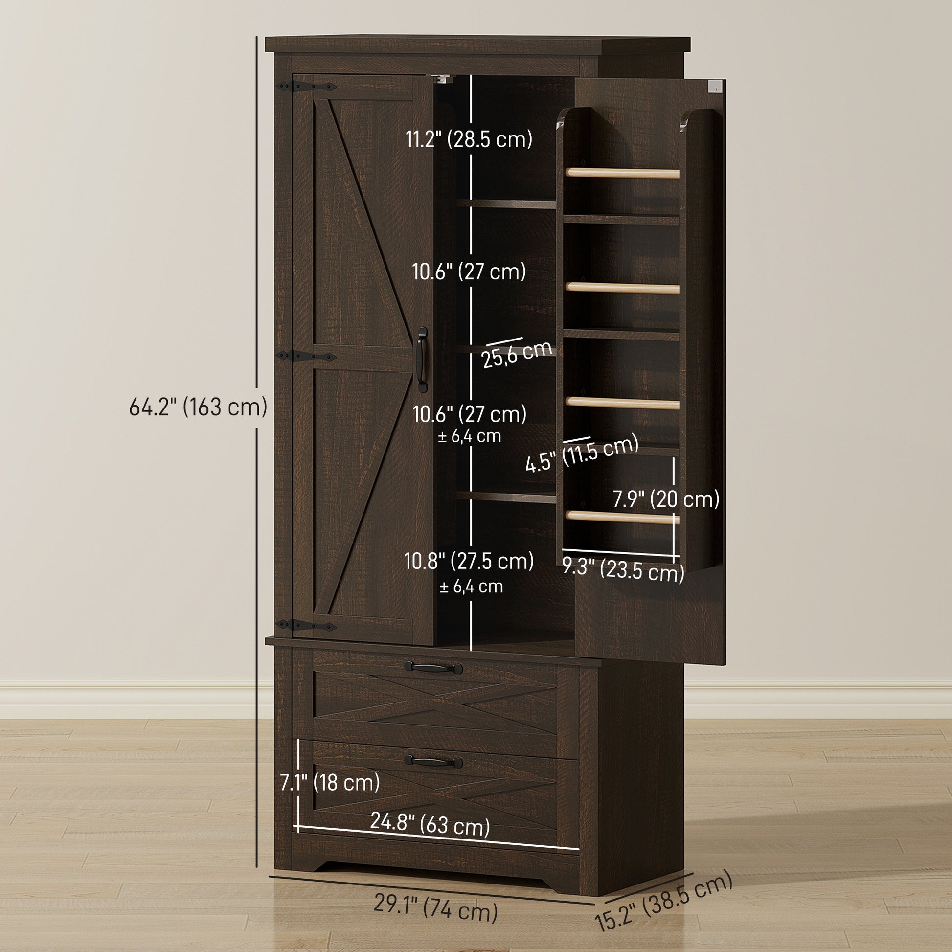 Farmhouse Pantry Storage Cabinet, 64" Dark Brown, Barn Doors, Adjustable Shelves-DECOROLALA