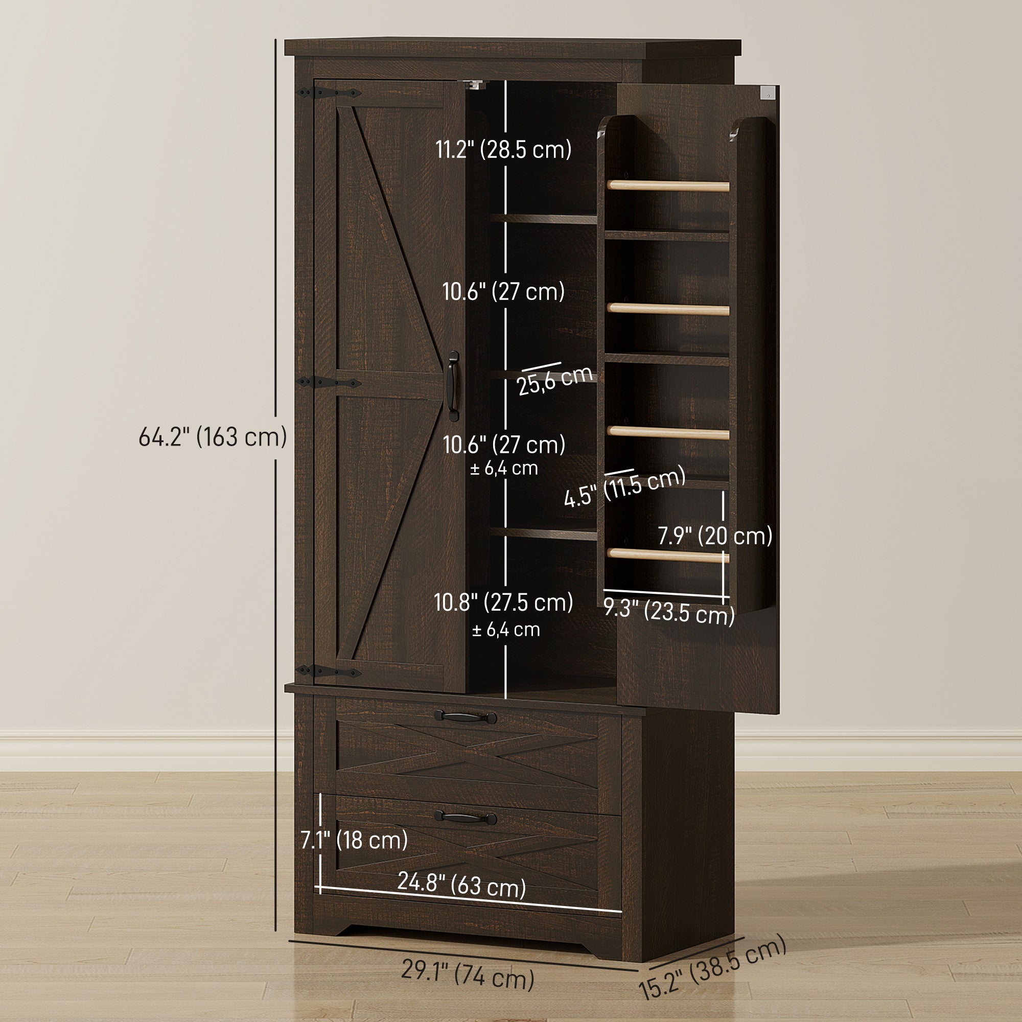 Farmhouse Pantry Storage Cabinet, 64" Dark Brown, Barn Doors, Adjustable Shelves-DECOROLALA