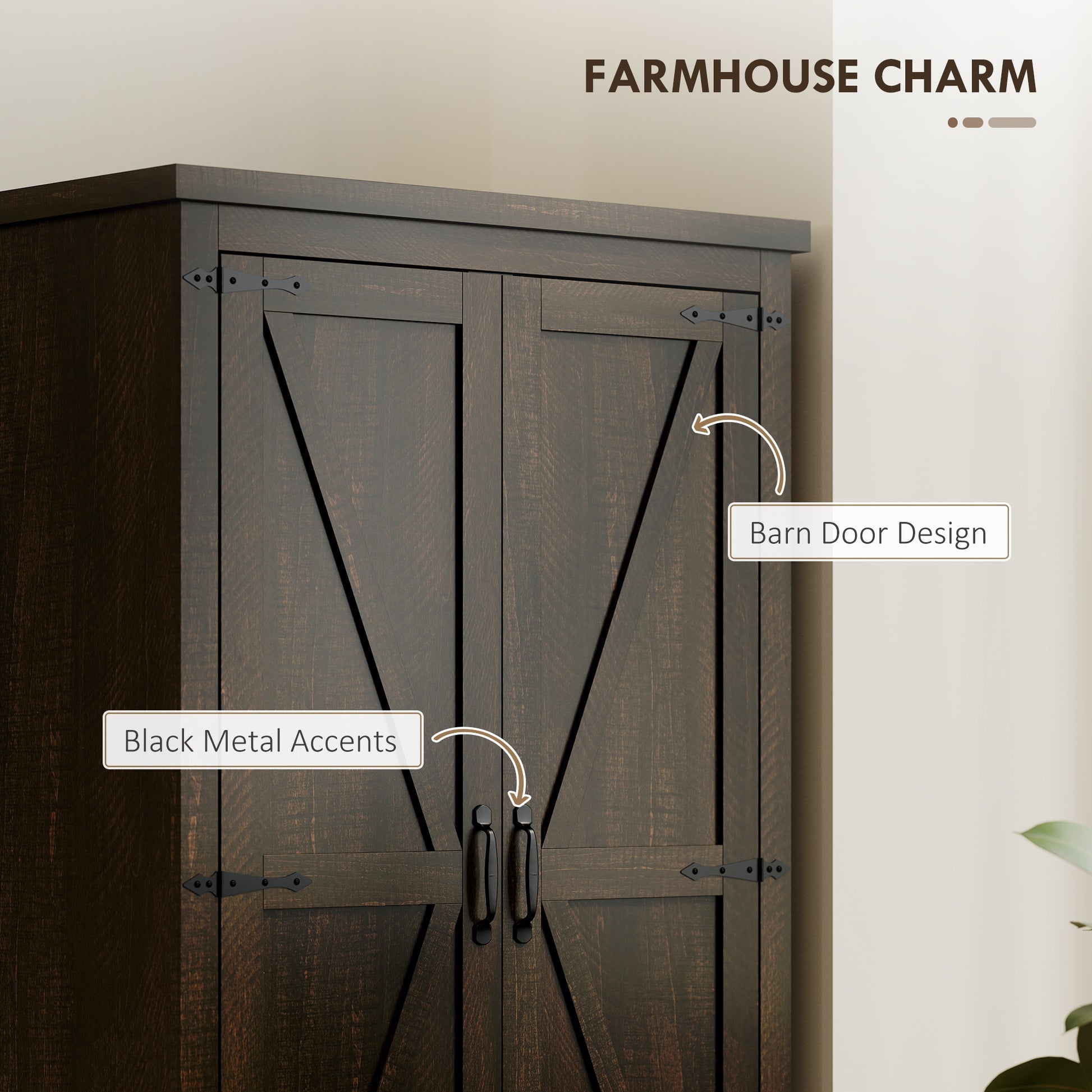 Farmhouse Pantry Storage Cabinet, 64" Dark Brown, Barn Doors, Adjustable Shelves-DECOROLALA