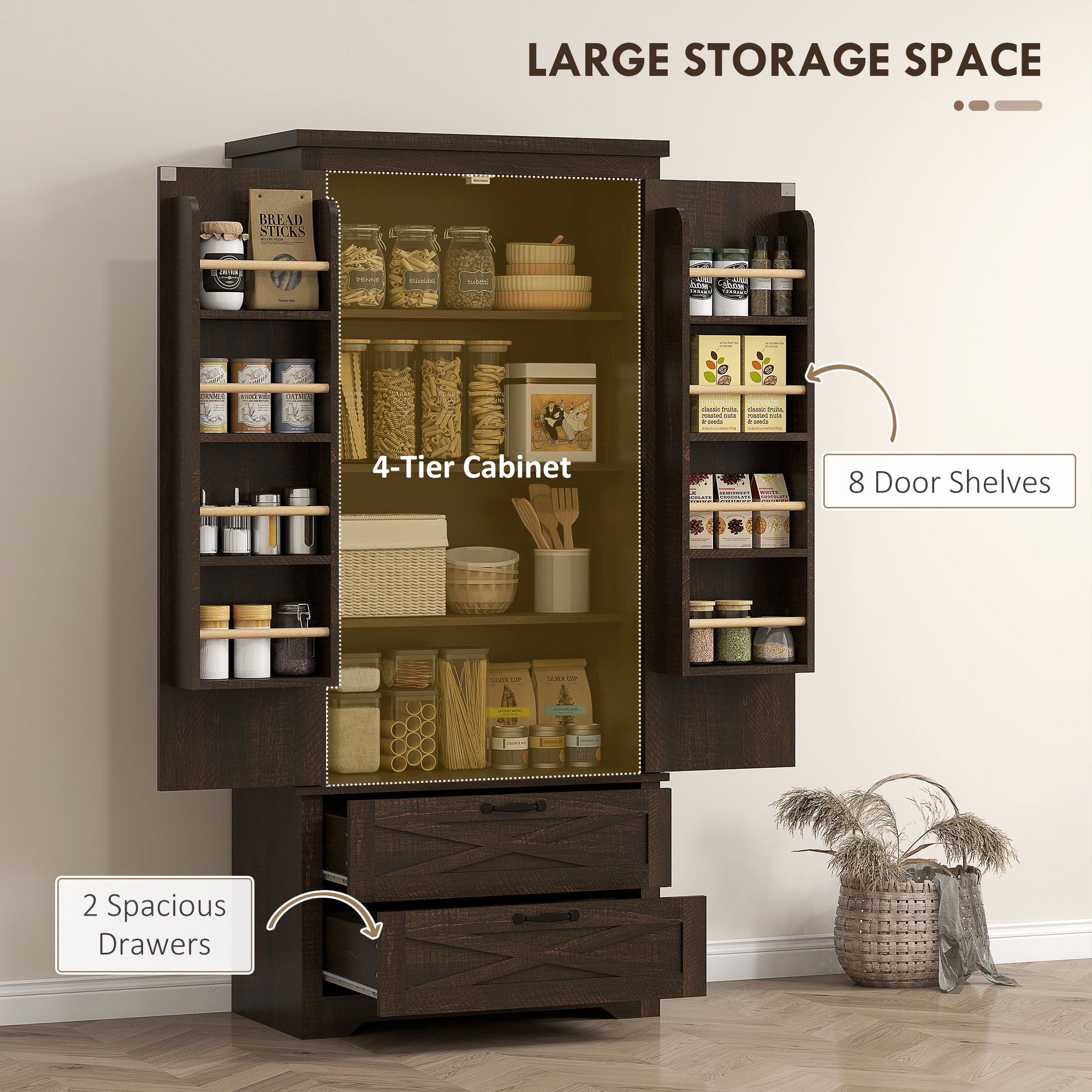 Farmhouse Pantry Storage Cabinet, 64" Dark Brown, Barn Doors, Adjustable Shelves-DECOROLALA