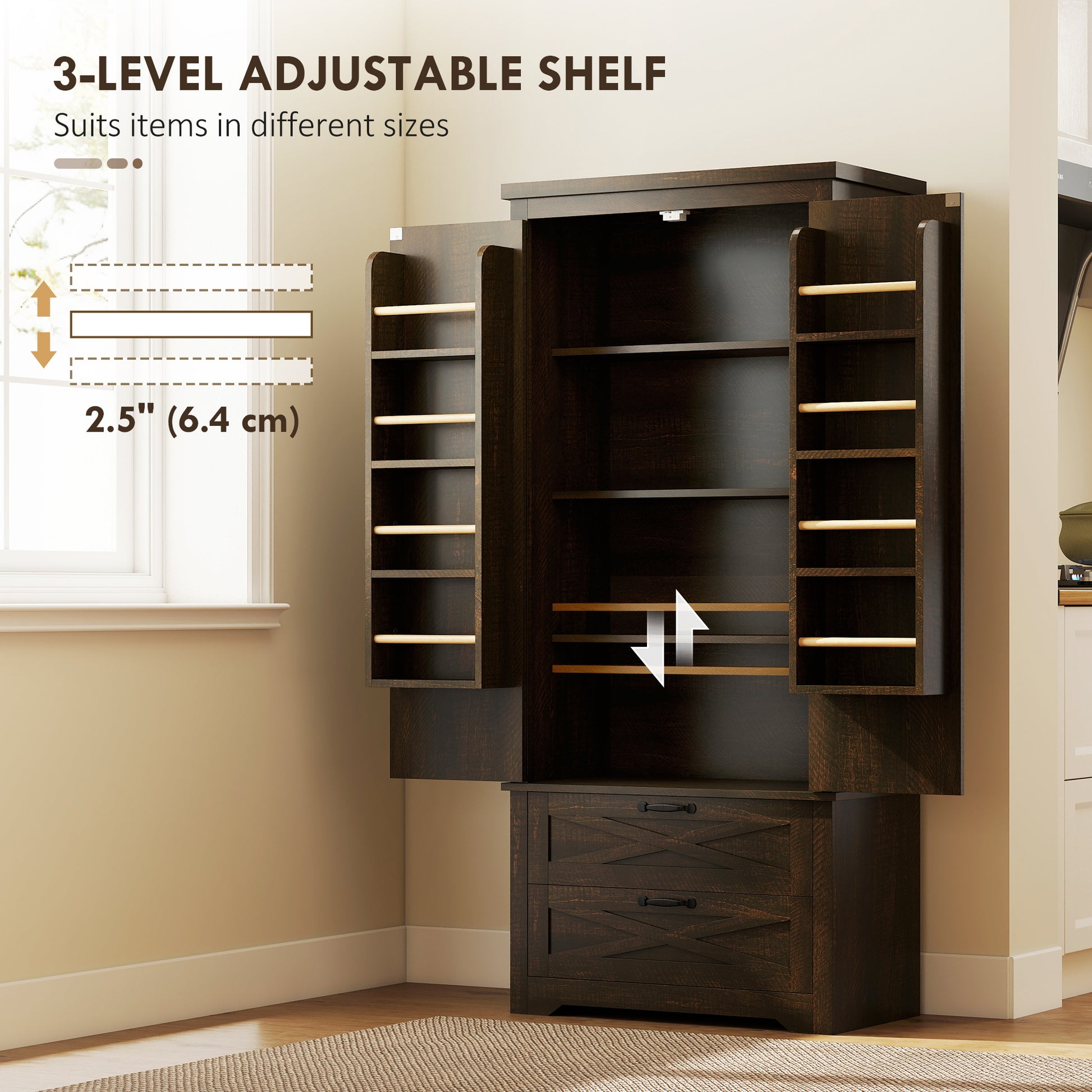 Farmhouse Pantry Storage Cabinet, 64" Dark Brown, Barn Doors, Adjustable Shelves-DECOROLALA