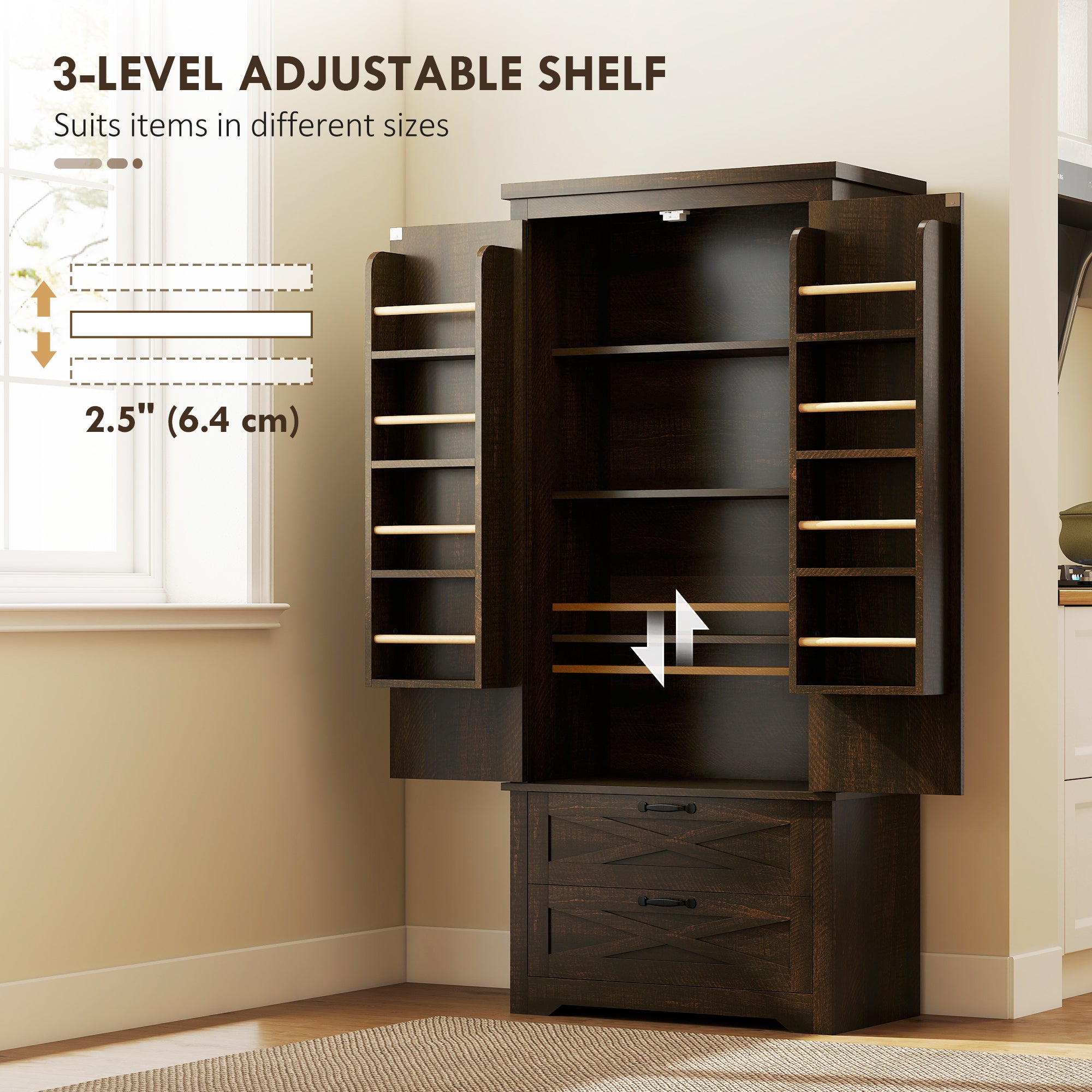 Farmhouse Pantry Storage Cabinet, 64" Dark Brown, Barn Doors, Adjustable Shelves-DECOROLALA