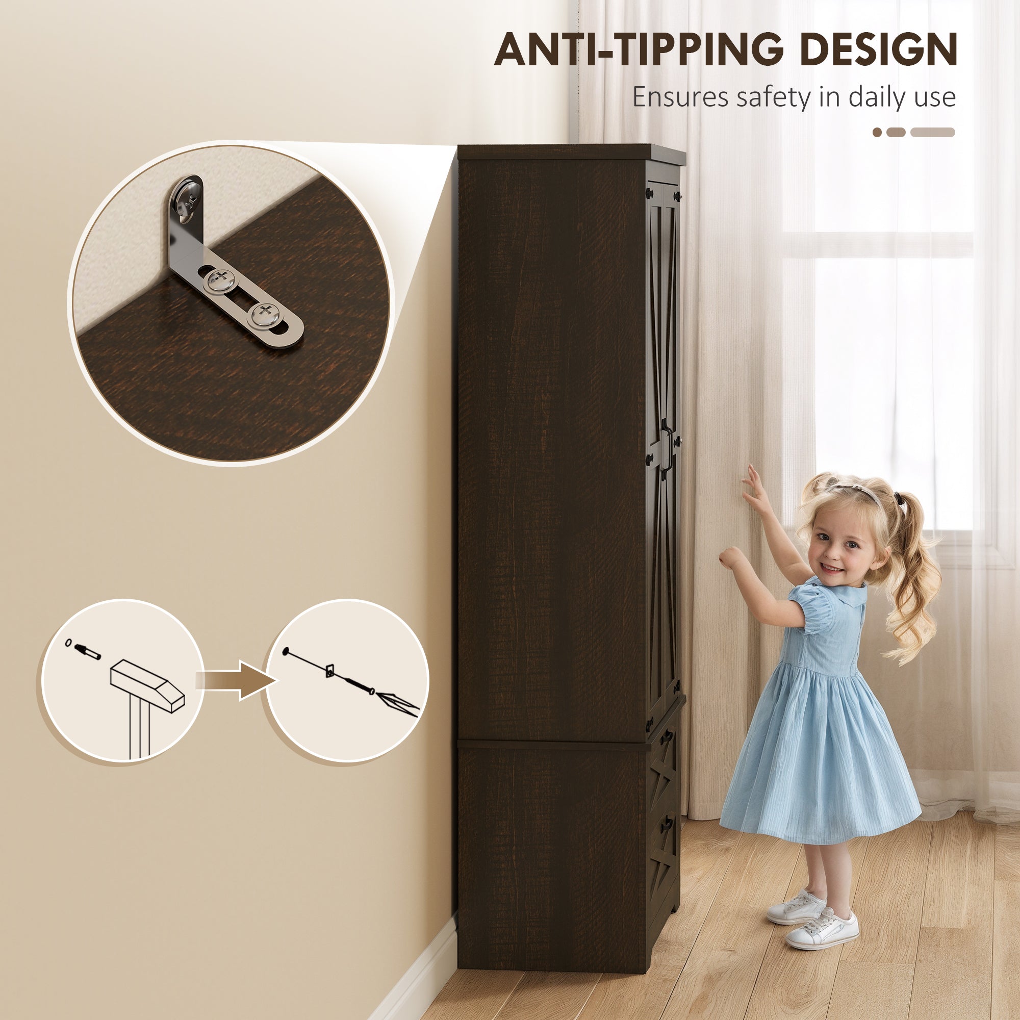Farmhouse Pantry Storage Cabinet, 64" Dark Brown, Barn Doors, Adjustable Shelves-DECOROLALA