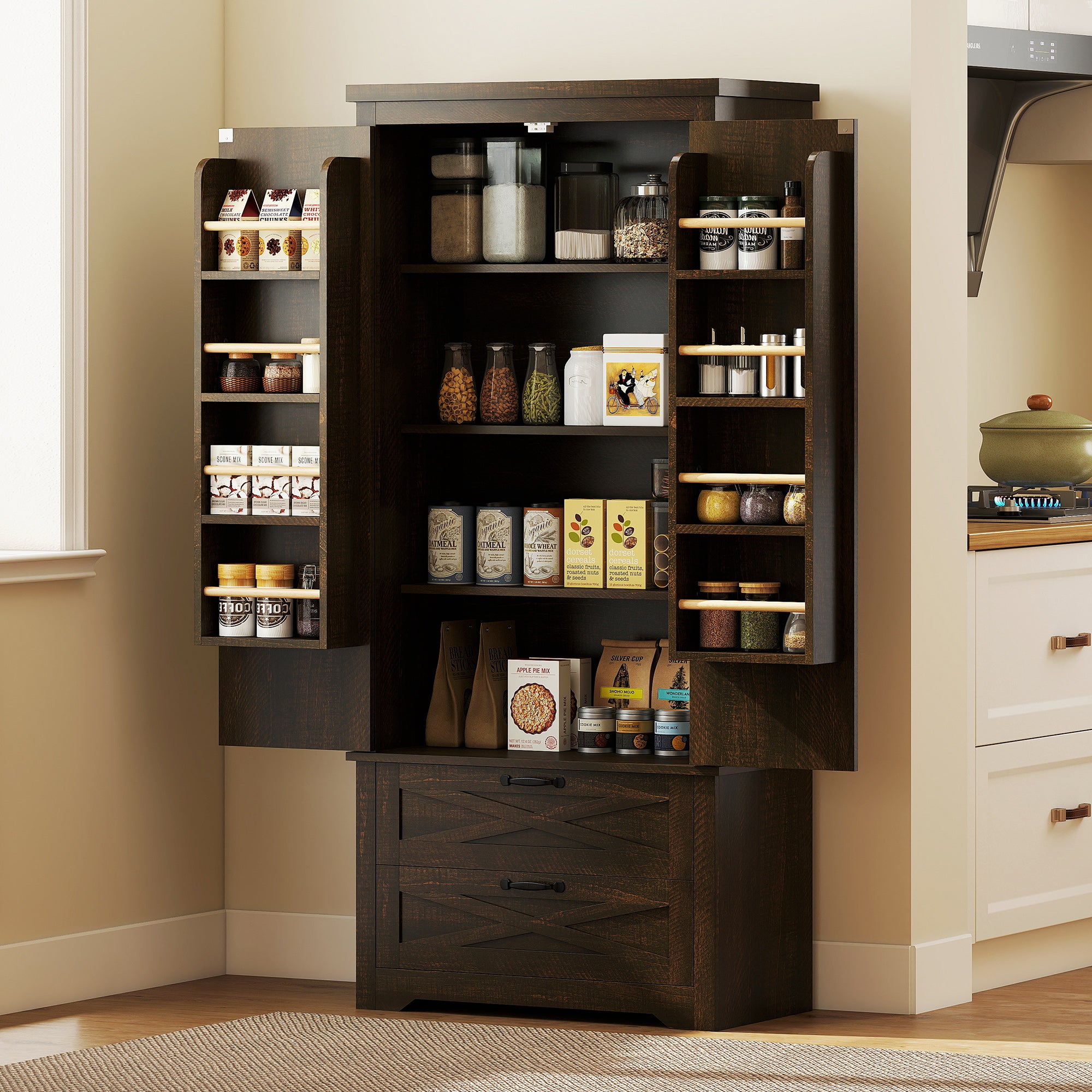 Farmhouse Pantry Storage Cabinet, 64" Dark Brown, Barn Doors, Adjustable Shelves-DECOROLALA