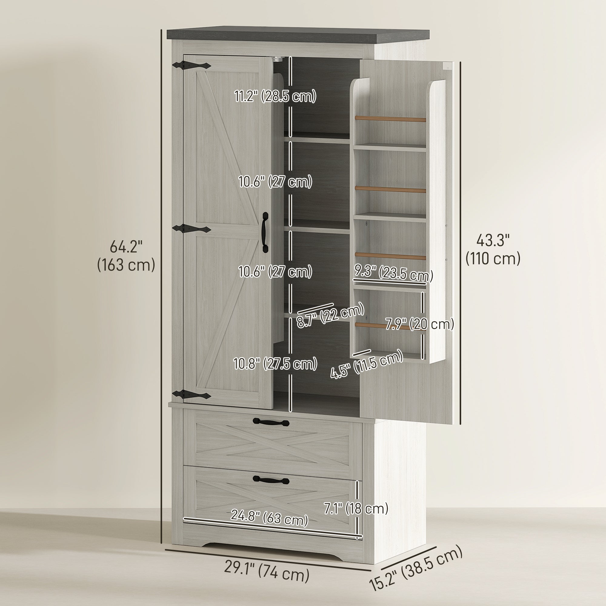 Farmhouse Pantry Storage Cabinet, 64" Distressed White, Barn Doors, 4 Tiers, 2 Drawers-DECOROLALA