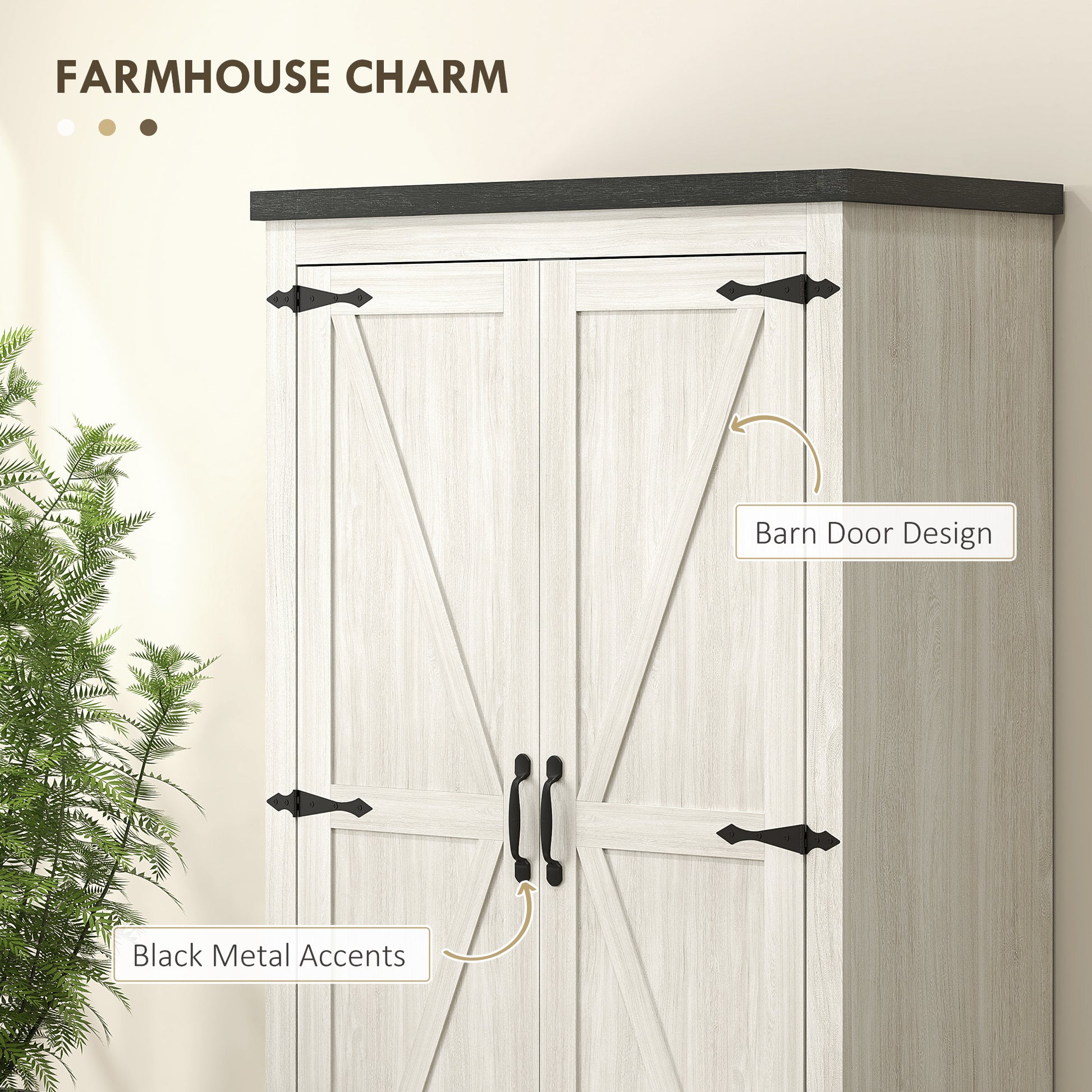 Farmhouse Pantry Storage Cabinet, 64" Distressed White, Barn Doors, 4 Tiers, 2 Drawers-DECOROLALA