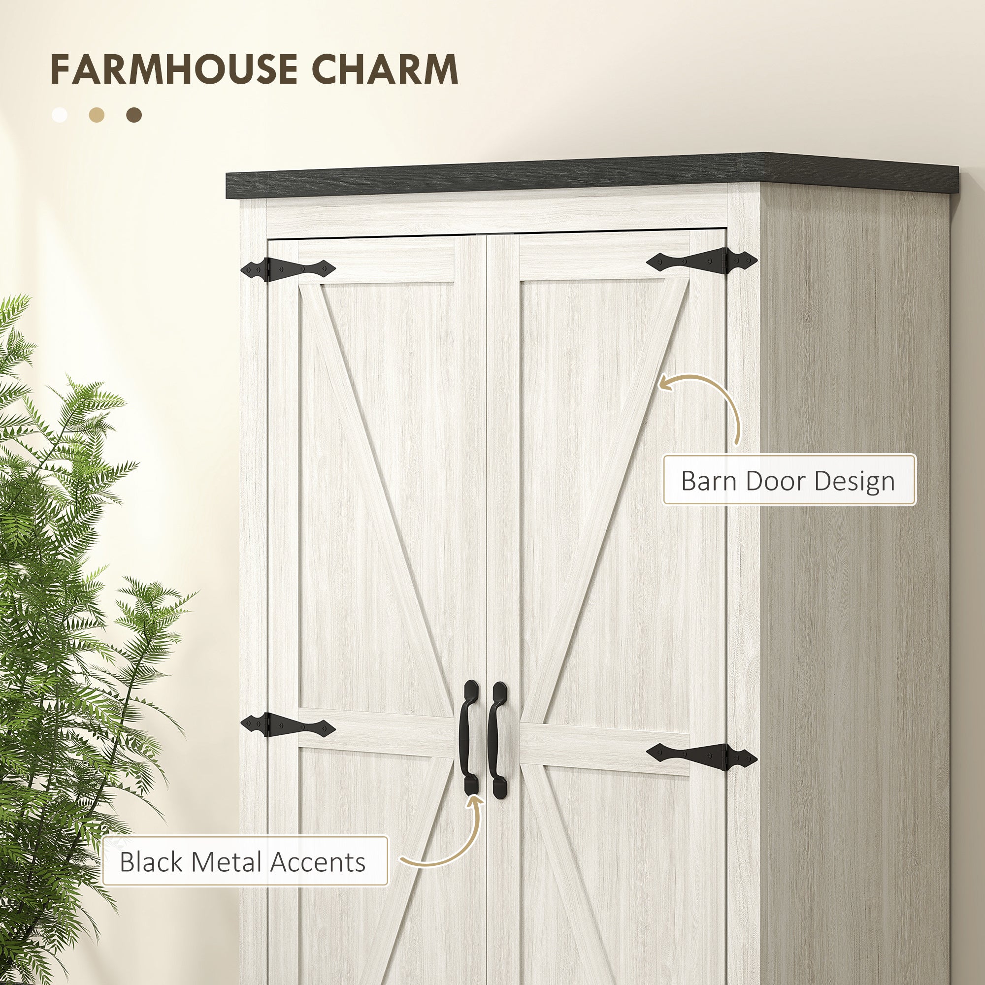 Farmhouse Pantry Storage Cabinet, 64" Distressed White, Barn Doors, 4 Tiers, 2 Drawers-DECOROLALA